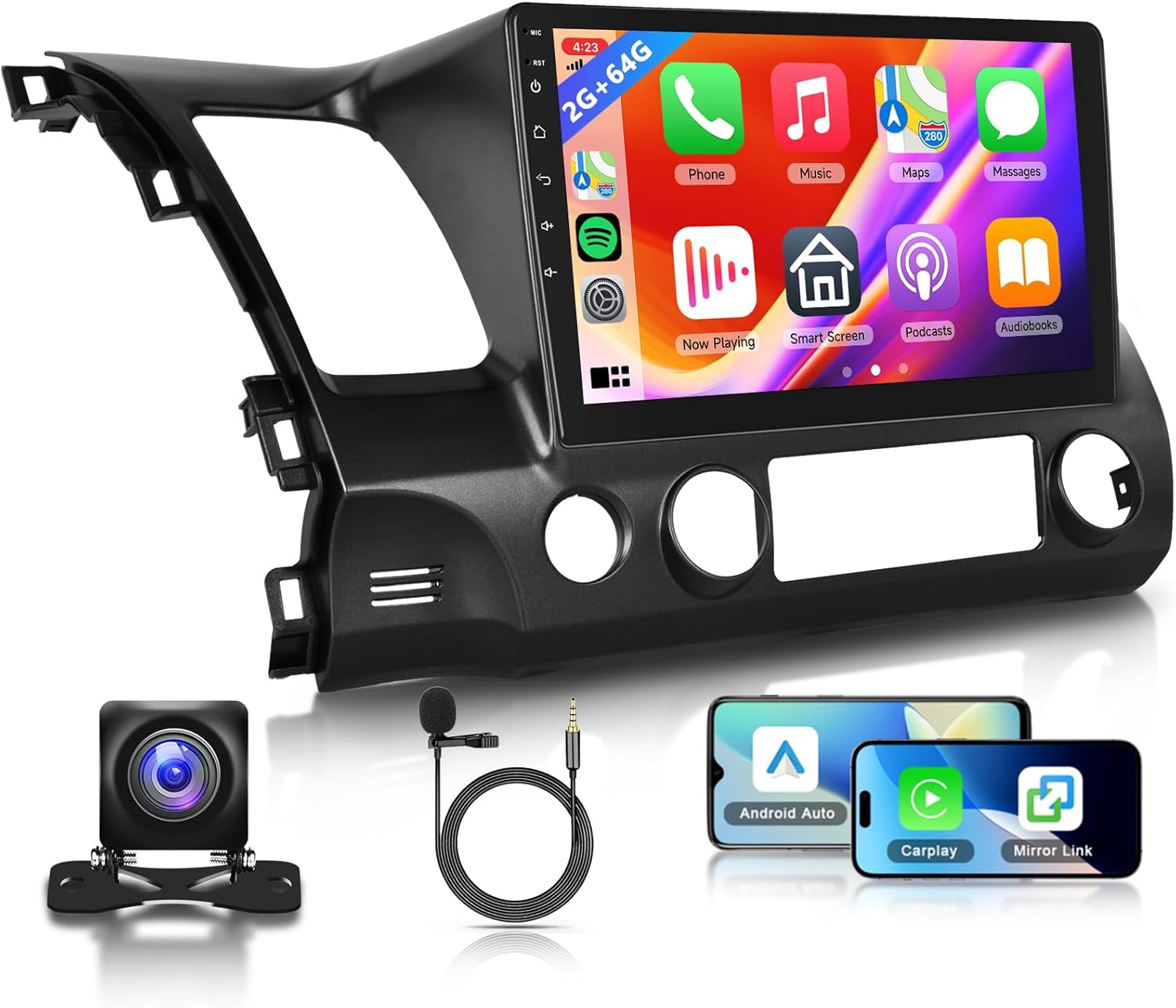 2G+64G Car Stereo Radio for Honda Civic 2006-2011 with Wireless CarPlay Android Auto, 10.1 Inch Android 13 Touch Screen Head Unit, HiFi Audio GPS Navigation WiFi Bluetooth SWC HD Backup Camera