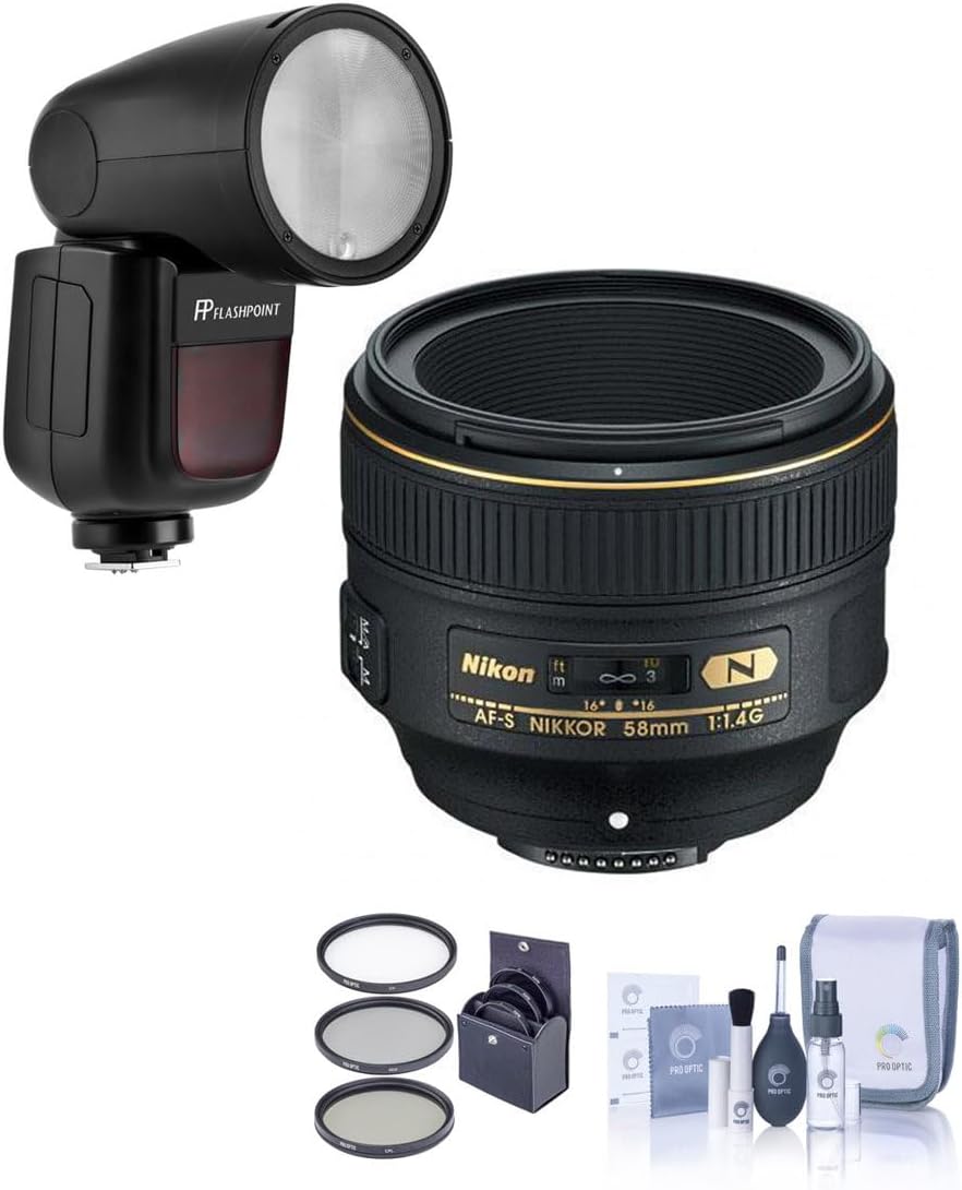Nikon 58mm f/1.4G AF-S NIKKOR Lens - Bundle Flashpoint Zoom Li-on X R2 TTL On-Camera Round Flash Speedlight, 72mm Filter Kit, Cleaning Kit