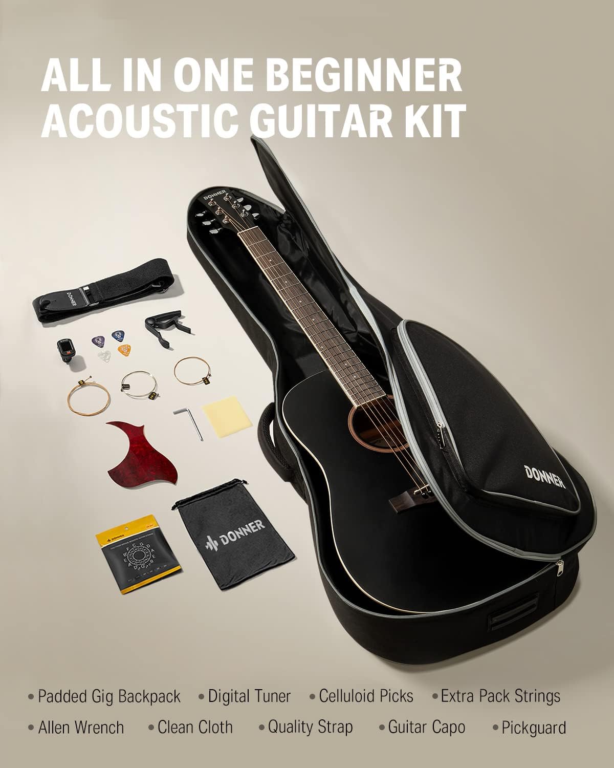 Donner Black Acoustic Guitar for Beginners, Adult, Teens, Starter Kits - Full Size 41'' Steel-String Acustica Guitarra Bundle Set with Free Online Lesson, Gig Bag, Strap, Tuner, Cutaway, DAG-1CB