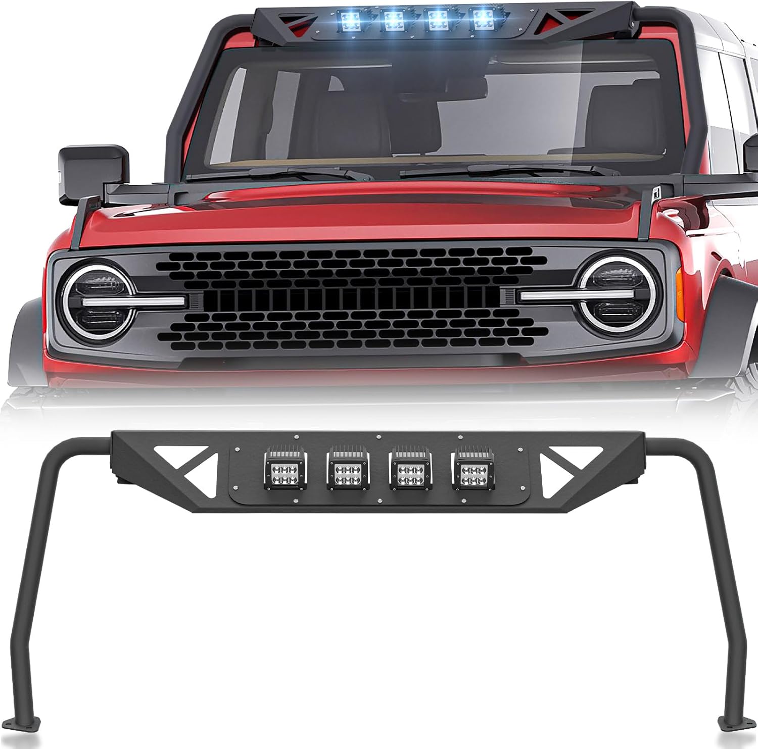 for Bronco Madmax Windshield Frame Cover with 4 x LED Lights Front Roof Sun Visor Cowl Body Armor Compatible with 2021 2022 2023 2024 2025 Ford Bronco, Windscreen Rack Protector Stand