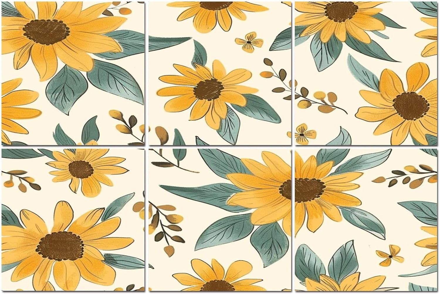 6 Pack Art Acoustic Panels Sunflower seamless pattern Yellow daisy ornament for fabric other Soundproof Wall Panels, 48