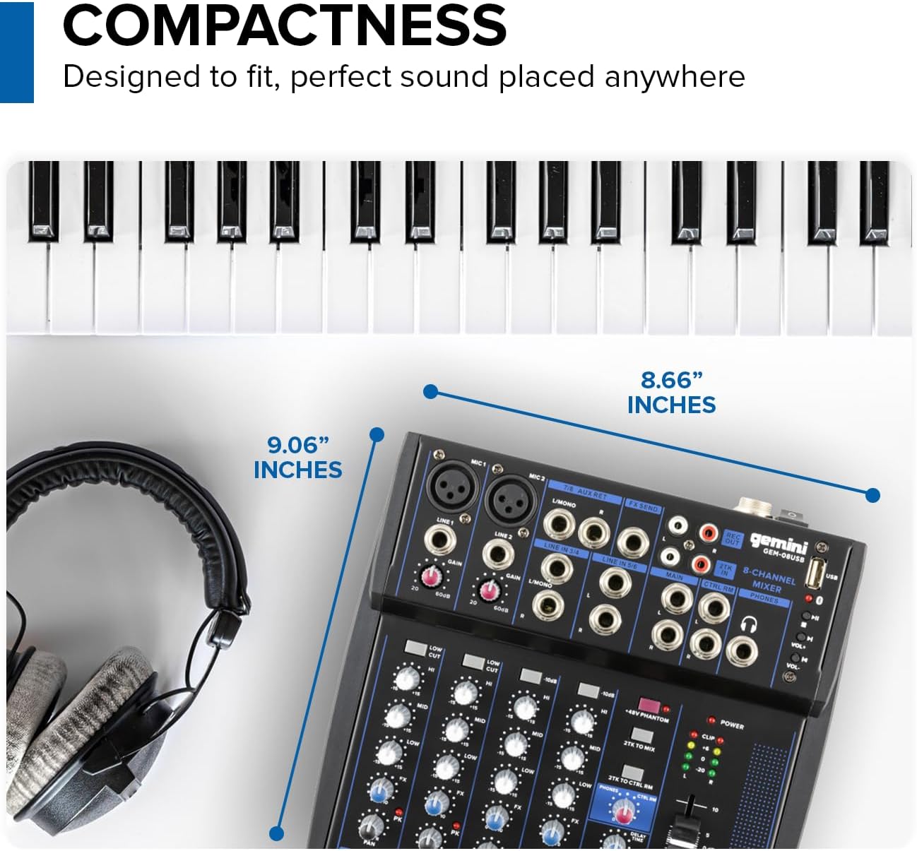 Gemini 8-Channel Audio Mixer – USB Playback, FX, EQ, Phantom Power – Compact DJ Mix Console for Music, Podcast, Live Sound & Studio Recording (GEM-08USB)