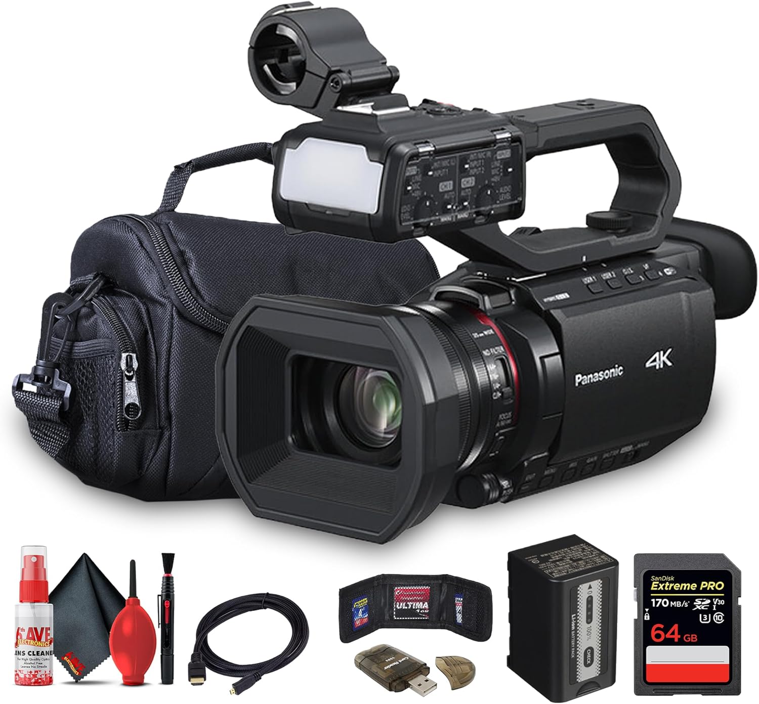 Panasonic AG-CX20 Professional Compact 4K Camcorder Ideal for Broadcast, Live Streaming, and Event Videography (AG-CX20) + 64GB Card + Bag + Card Reader + Memory Wallet + Cleaning Kit + HDMI Cable