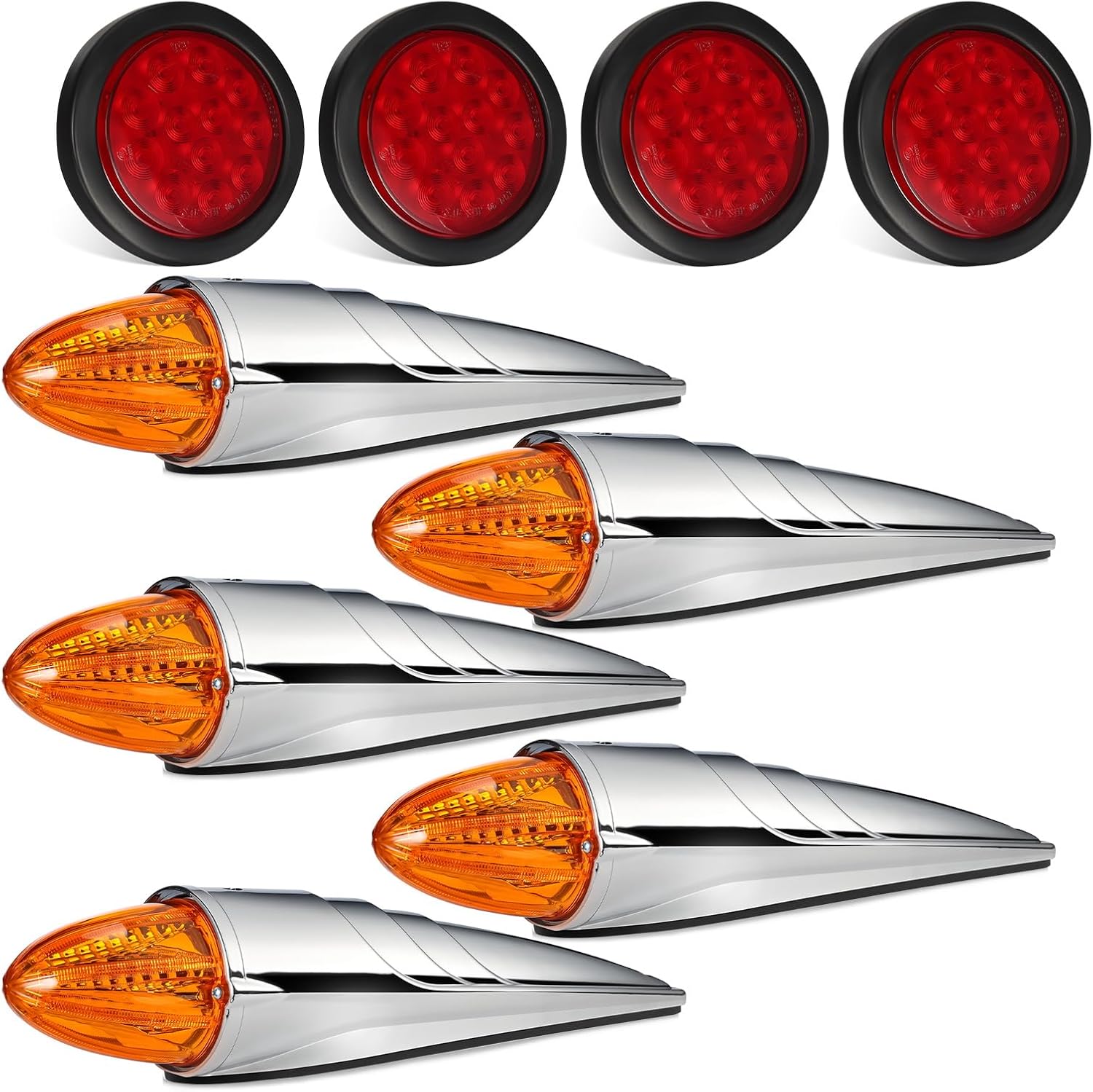 Partsam 4Pcs 4 Inch Round Led Trailer Tail Lights Kit+5PCS Amber Torpedo Cab Marker