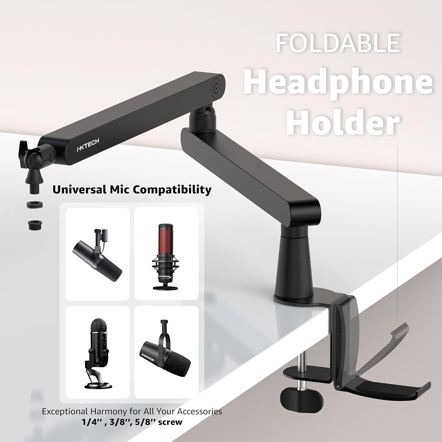 IXTECH Mic Boom Arm Stand LP Microphone Stand Low Profile Microphone Arm Adjustable for Blue Yeti Shure Sm7b Hyperx QuadCast Rode Fifine and At2020 360° Mic Arm for Gaming Podcasting.