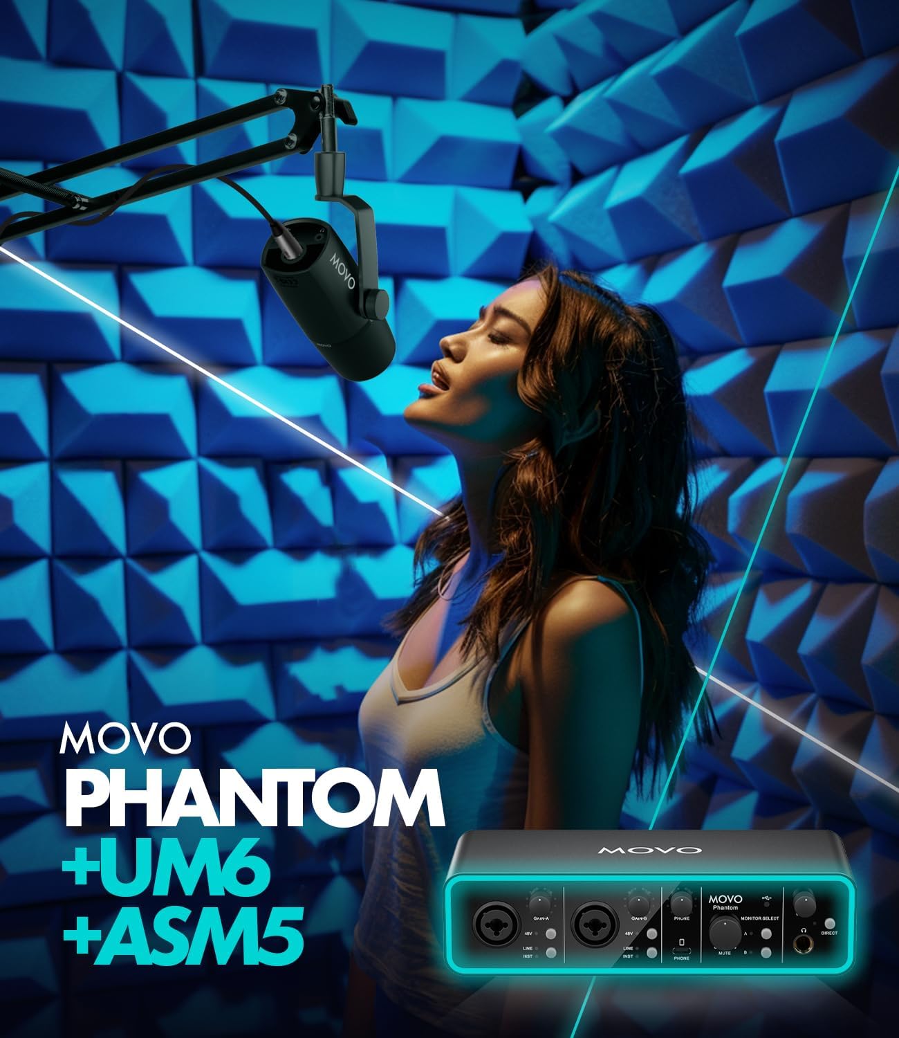 Movo Music Audio Interface Bundle - Phantom USB Audio Interface, UM6 XLR/USB-C Dynamic Microphone, and Boom Arm - Professional Studio Setup for Musicians, Singers, and Producer
