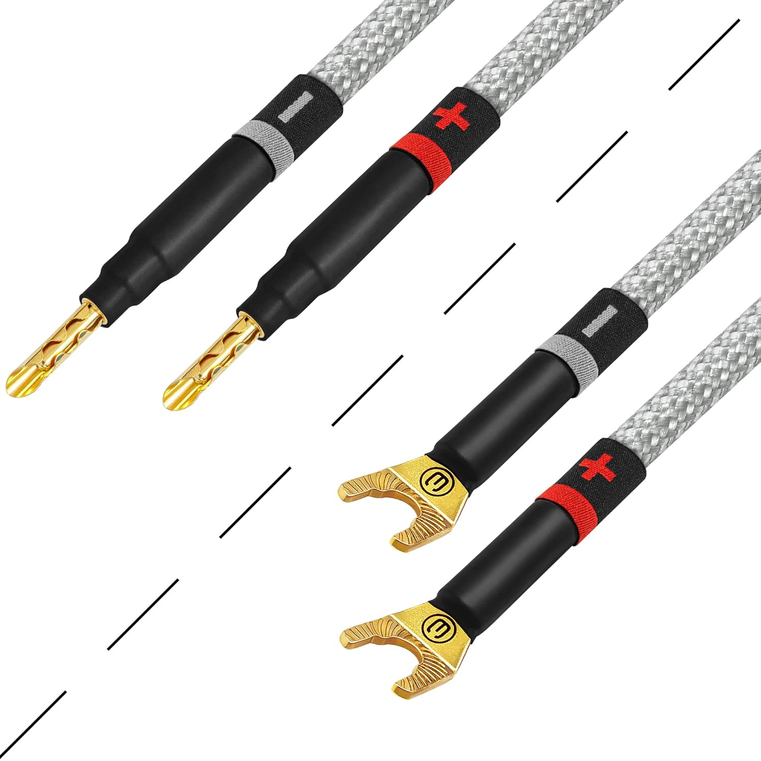 WORLDS BEST CABLES 15 Foot Ultimate - 12 AWG - Ultra-Pure OFC - Premium Audiophile HiFi Speaker Cable Pair with Eminence Gold Banana (x2) & Spade (x2) Plugs & Silver Tweed Jacket