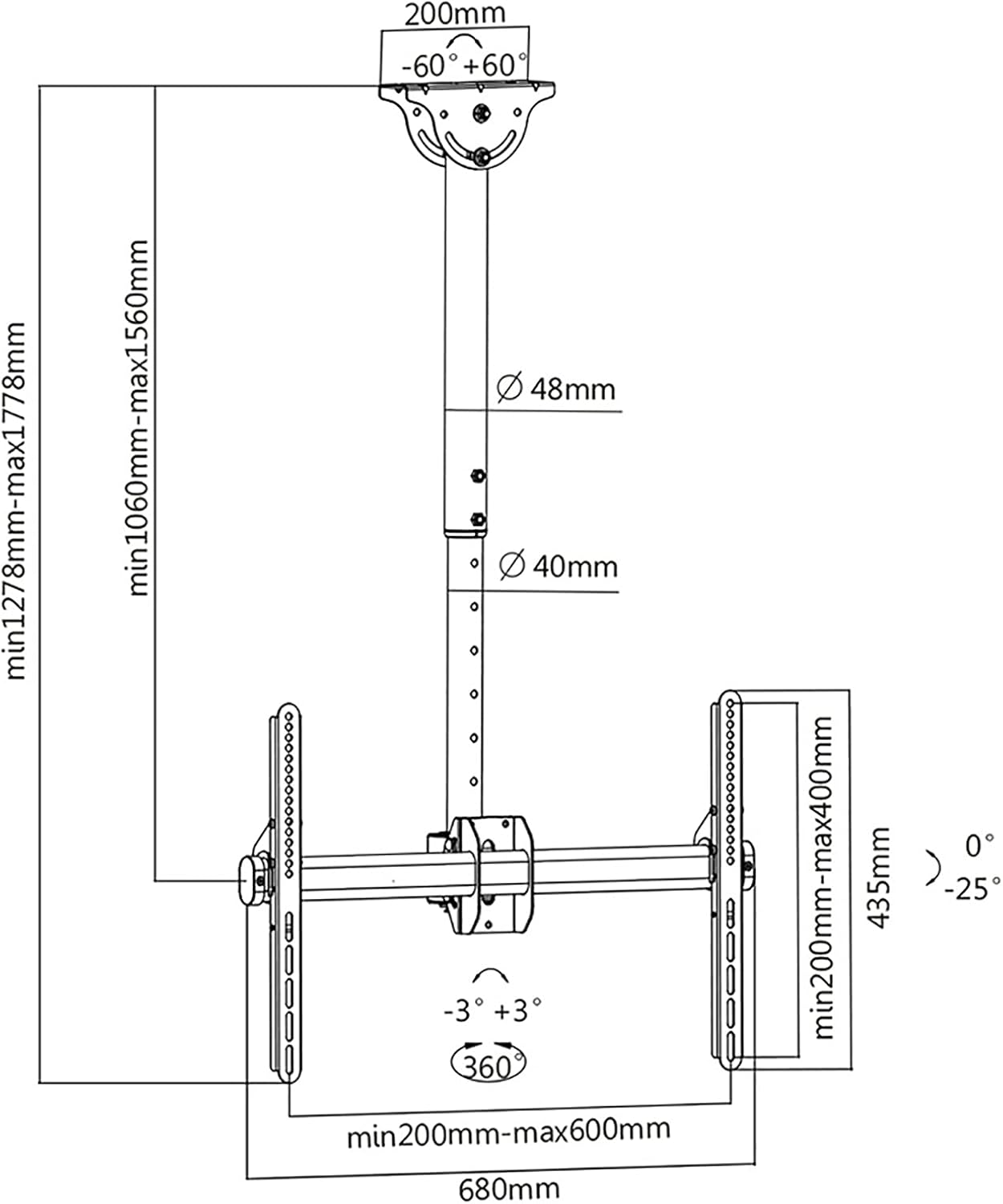 TV Stand,tv Wall Mount TV Ceiling Mount Bracket, Adjustable Height Full Motion 360 Deg Rotation Tilt Swivel, Fits 37-80inch TVs, with Loading 110 Lbs