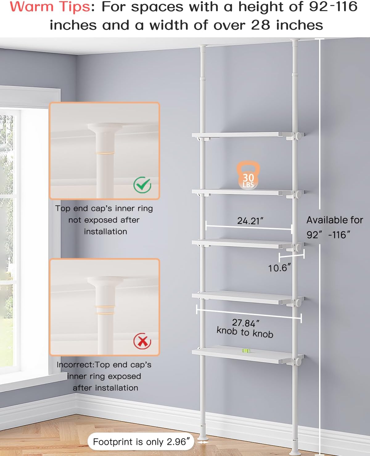 ALLZONE 5 Tiers Narrow Bookshelf, Tall Adjustable Ladder Book Shelf with Open Storage, Floor to Ceiling Tension Mount, Wooden Industrial Bookcase for Living Room, 92 to 116 Inch, White
