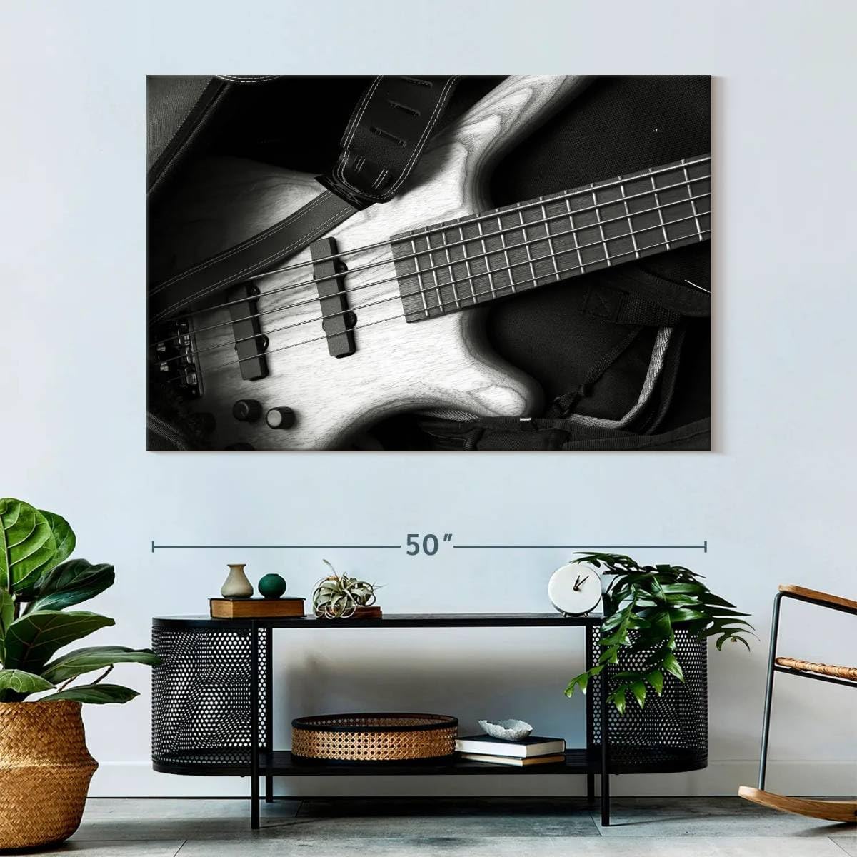 ElephantStock - Monochromatic Bass Guitar Wall Art - Horizontal Canvas Wall Art - Living Room Wall Decor - Photography Music Canvas Art - Black And Gray Decor - 51