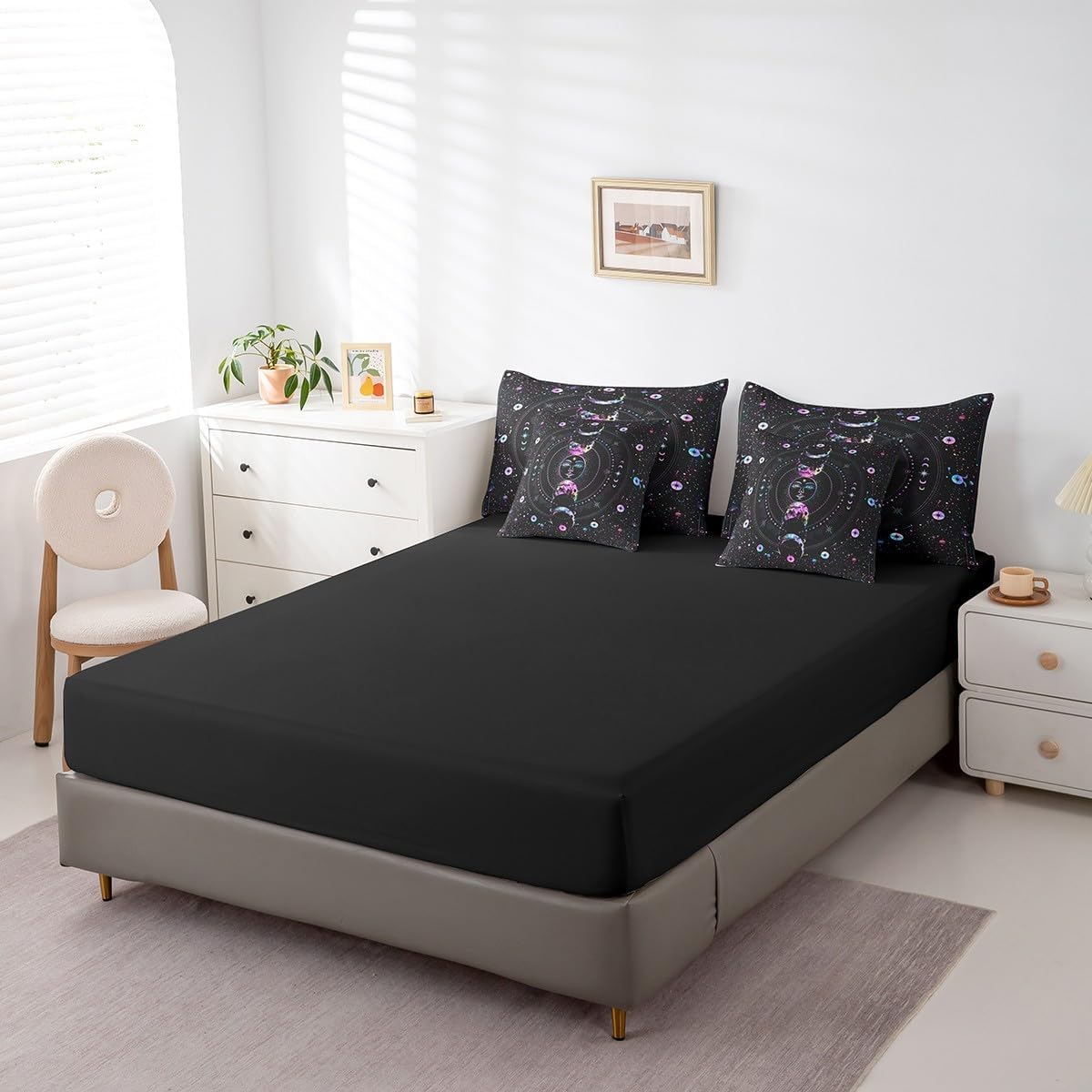 Manfei 7 Pieces Sun Moon Comforter Set Queen, Stars Space Psychedelic Bed Set for Kids Girls, Boho Sun Moon Black Bedding(1 Comforter,1 Fitted Sheet,2 Flat Sheet,2 Pillowcases,2 Throw Pillow Cover)