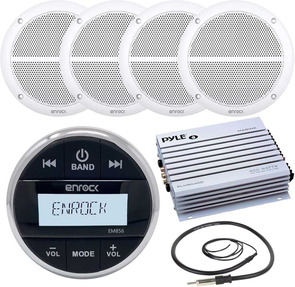 Enrock Bluetooth AUX AM FM Round Radio Bundle Combo with 400W Boat Amplifier, 4x 6.5