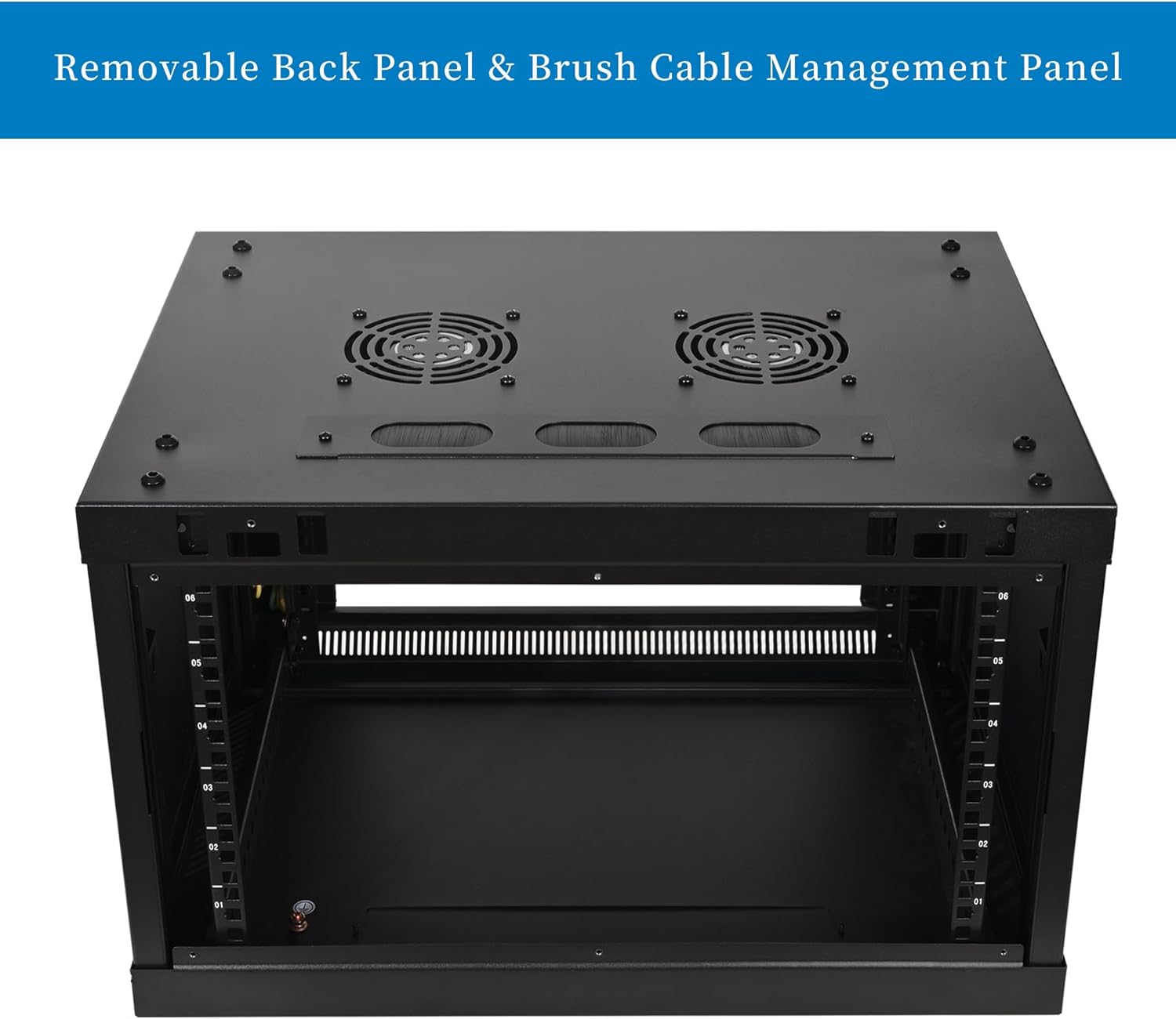 RackPath 6U Professional Wall Mount Server Cabinet Network Rack Enclosure with 2X Quiet Cooling Fan, 1x Brush Cable Management Panel, Black