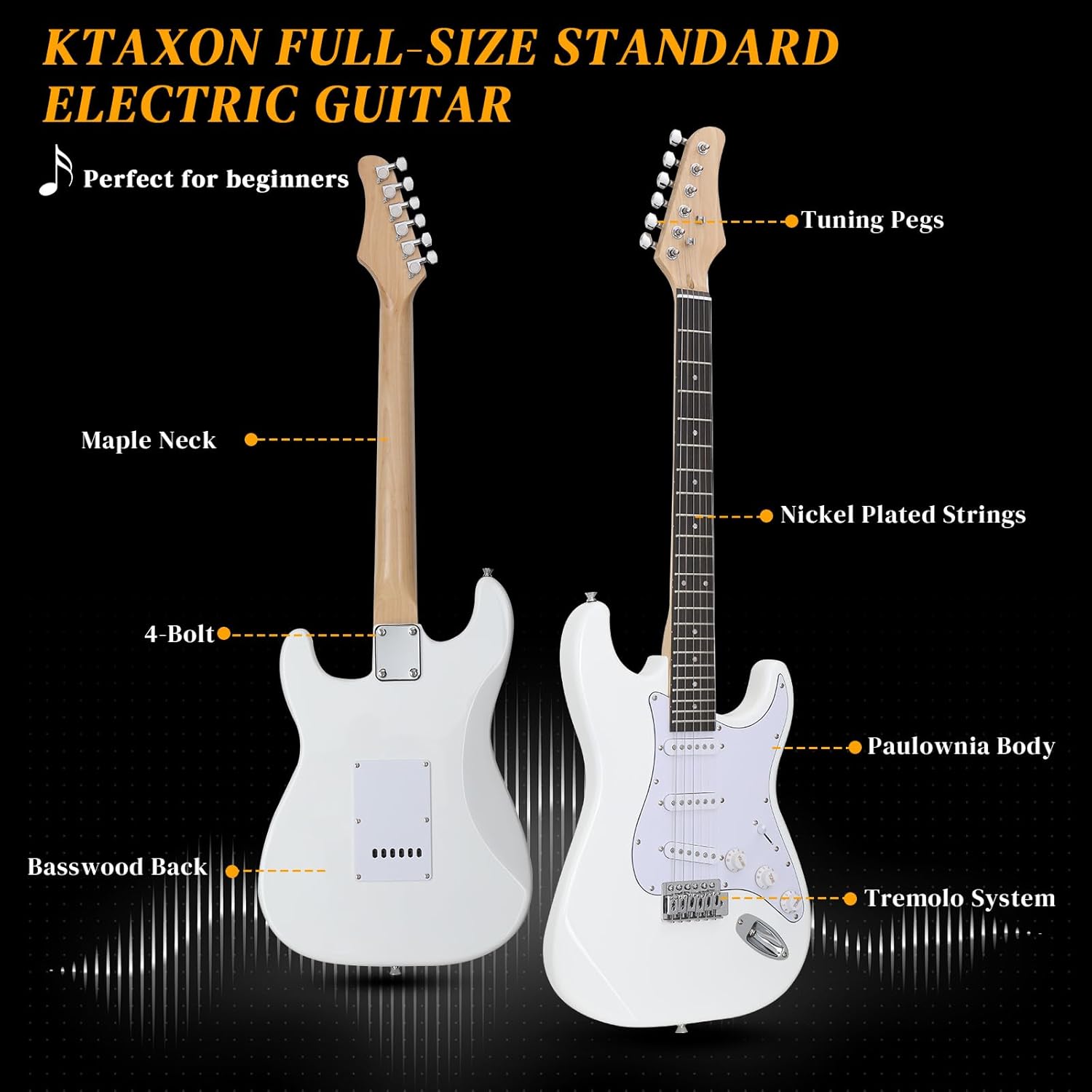 Ktaxon 39 Inch Electric Guitar, Full-Size Beginner Solid Body Electric Guitar Kit with Gig Bag, Strap, Tremolo Bar, Cable & Picks (White)