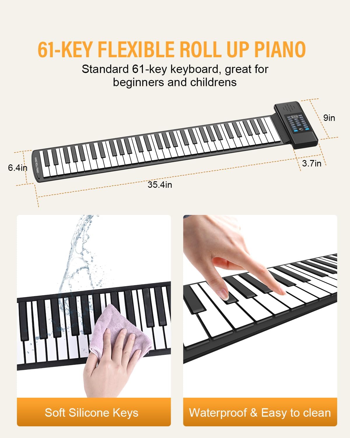 KONIX 61 Key Roll Up Piano,Upgraded Portable Rechargeable Hand Roll Piano with Silicon Flexible Keyboard, MIDI Output, Headphone Connection, 128 Rhythms,Best Gift for Beginners
