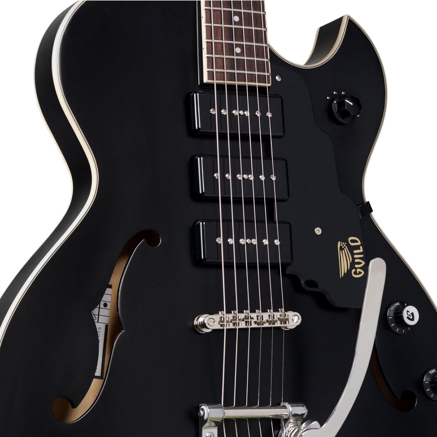 Guild Guitars Starfire I Jet 90 Semi-Hollow Body Electric Guitar, Satin Black, Florentine-Cut, Newark St. Collection
