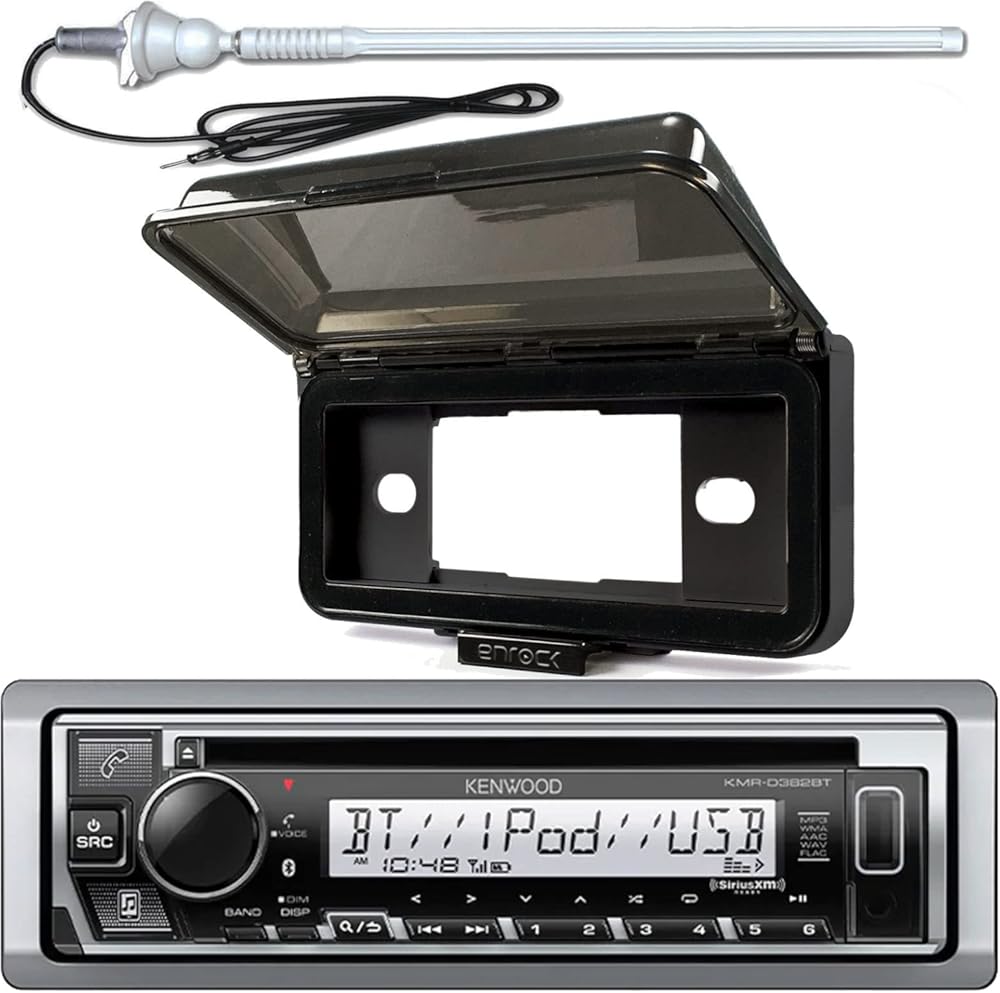 Single DIN Marine Boat Yacht Outdoor In Dash Bluetooth CD Player USB AM/FM Radio Stereo Receiver Bundle Combo With Splashproof Radio Cover, Marine Radio Antenna - Complete Marine Kit (CD Player)
