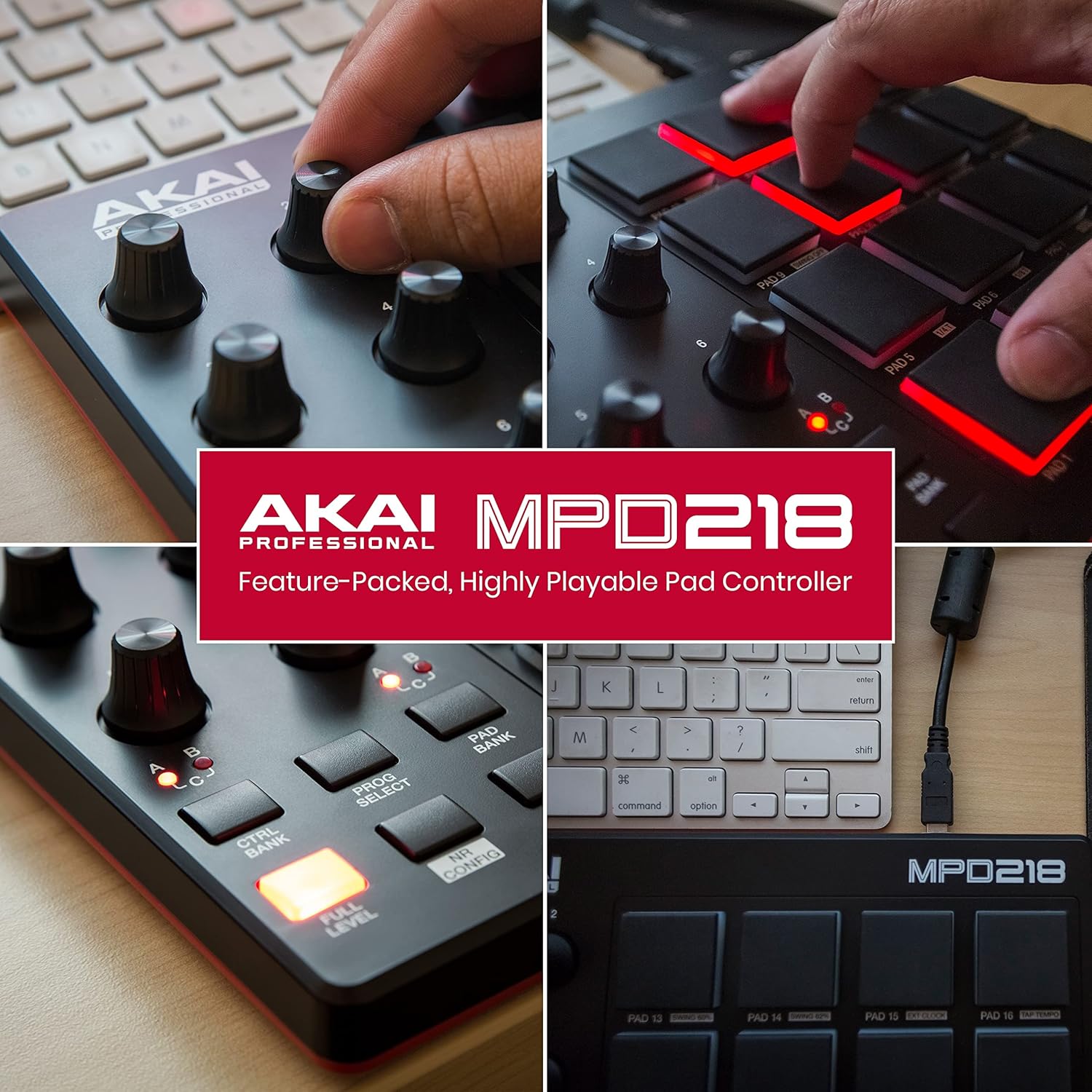 Akai Professional MPD218 - USB MIDI Controller with 16 MPC Drum Pads, 6 Assignable Knobs, Note Repeat and Full Level Buttons and Production Software