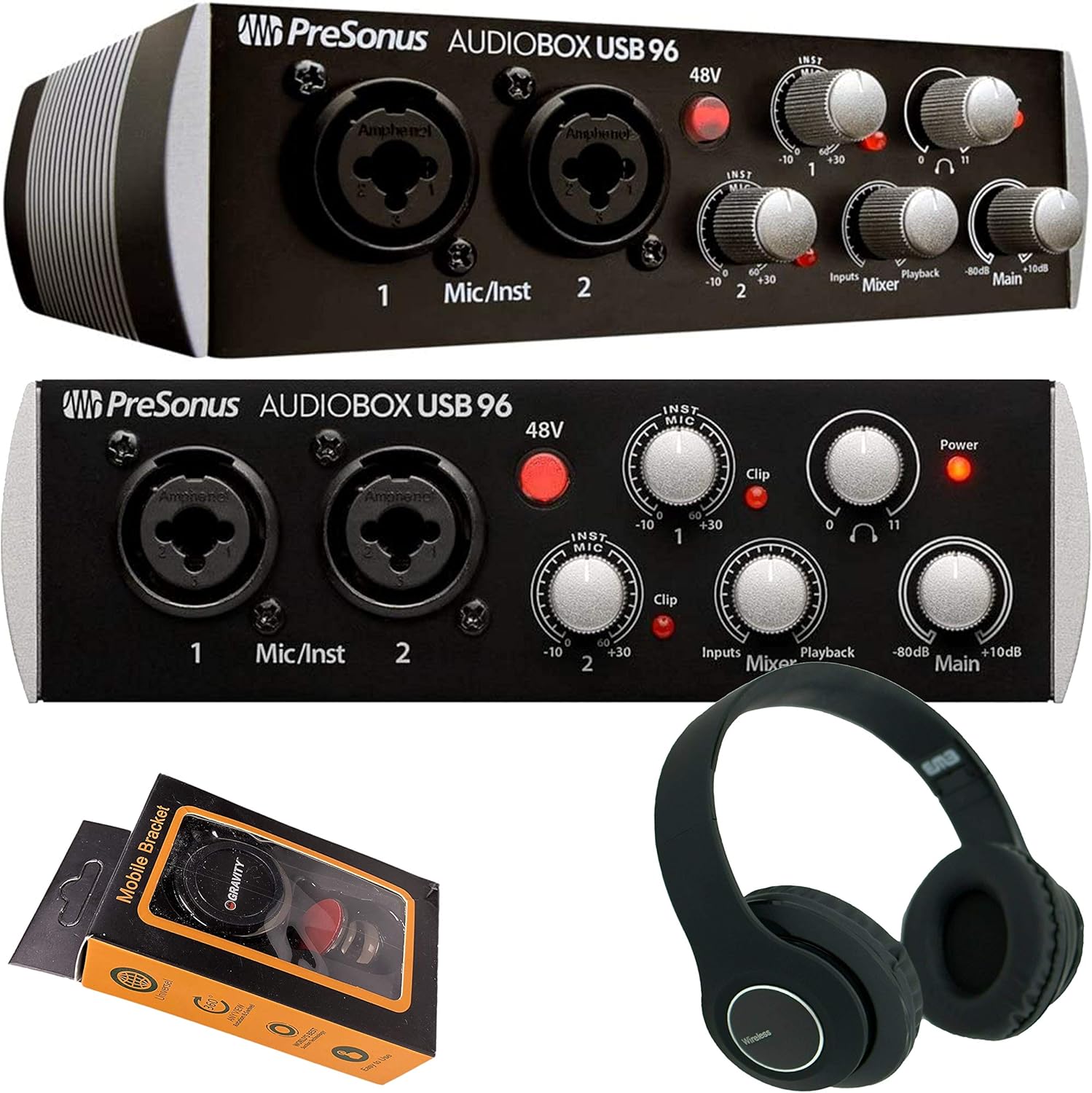 PreSonus AudioBox USB 96 Digital Audio Interface (Black) 96 kHz converters with USB interface's Class A MIC/LINE/Instruments Preamps with Gravity Phone Holder and Bluetooth Headphone Bundle