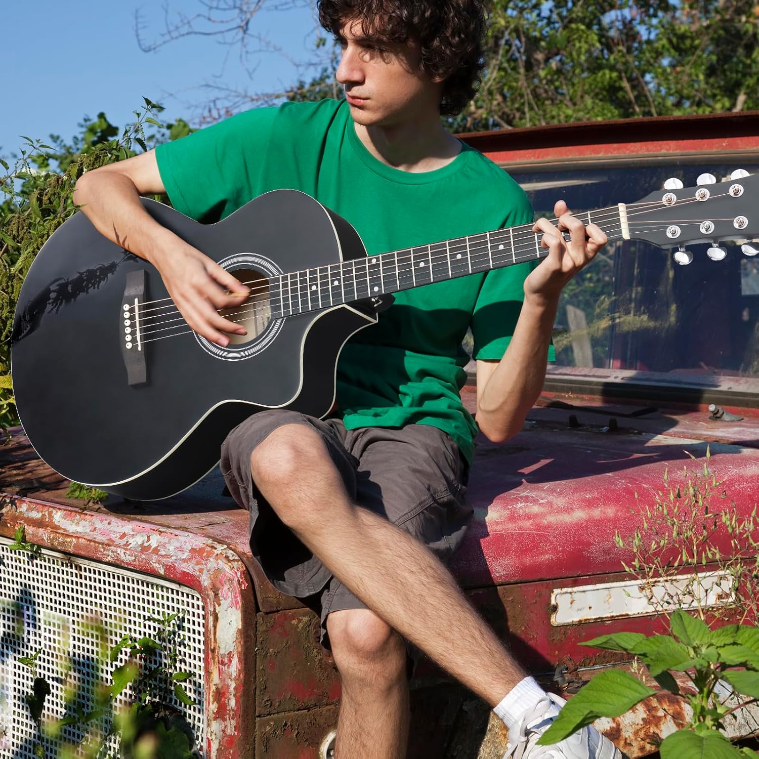 Ktaxon Full Size Acoustic Electric Guitar with 15W Amp, 41 Inch Wood Body Adults Guitars Beginner Kit W/Gig Bag, Strap, Picks & Capo, Black