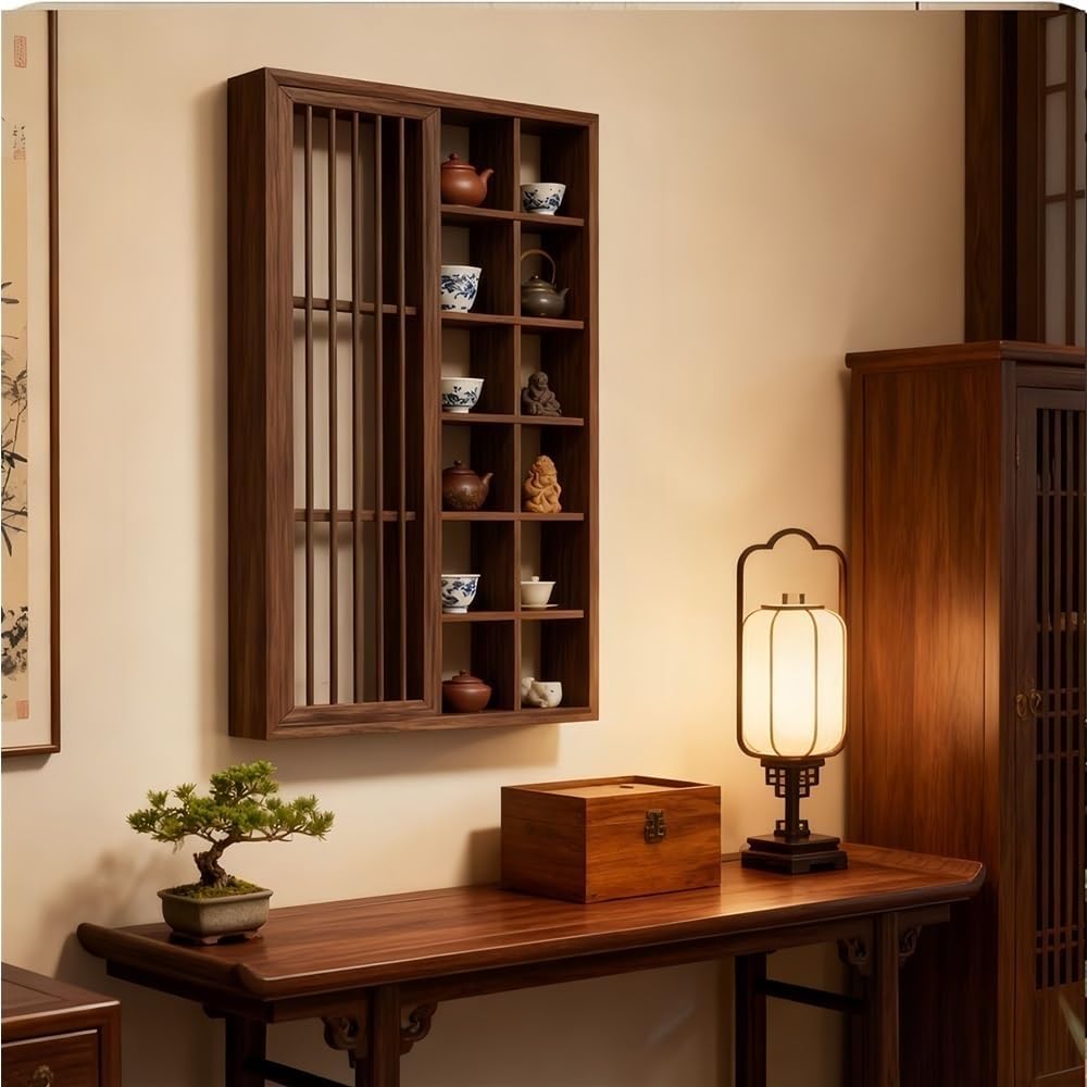 Tea Cup Holder Display Stand, Wall Mounted Cups Holders with Door, Wood Teaware Displays Shelf for Living Room, Tea Room, Office(35.43 * 23.62in)