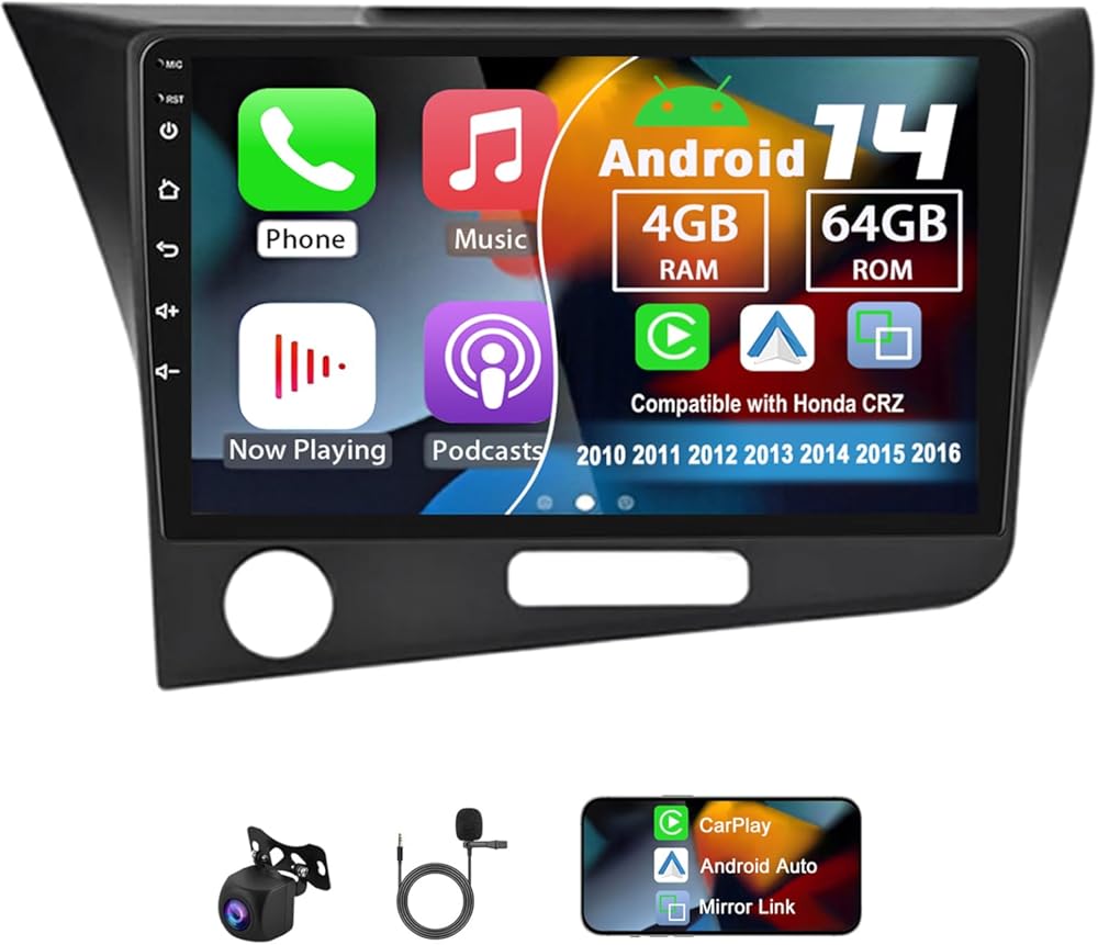 Android 14 Double Din Car Radio Compatible with Honda CRZ 2010 2011 2012 2013 2014 2015 2016, 4G+64G 9