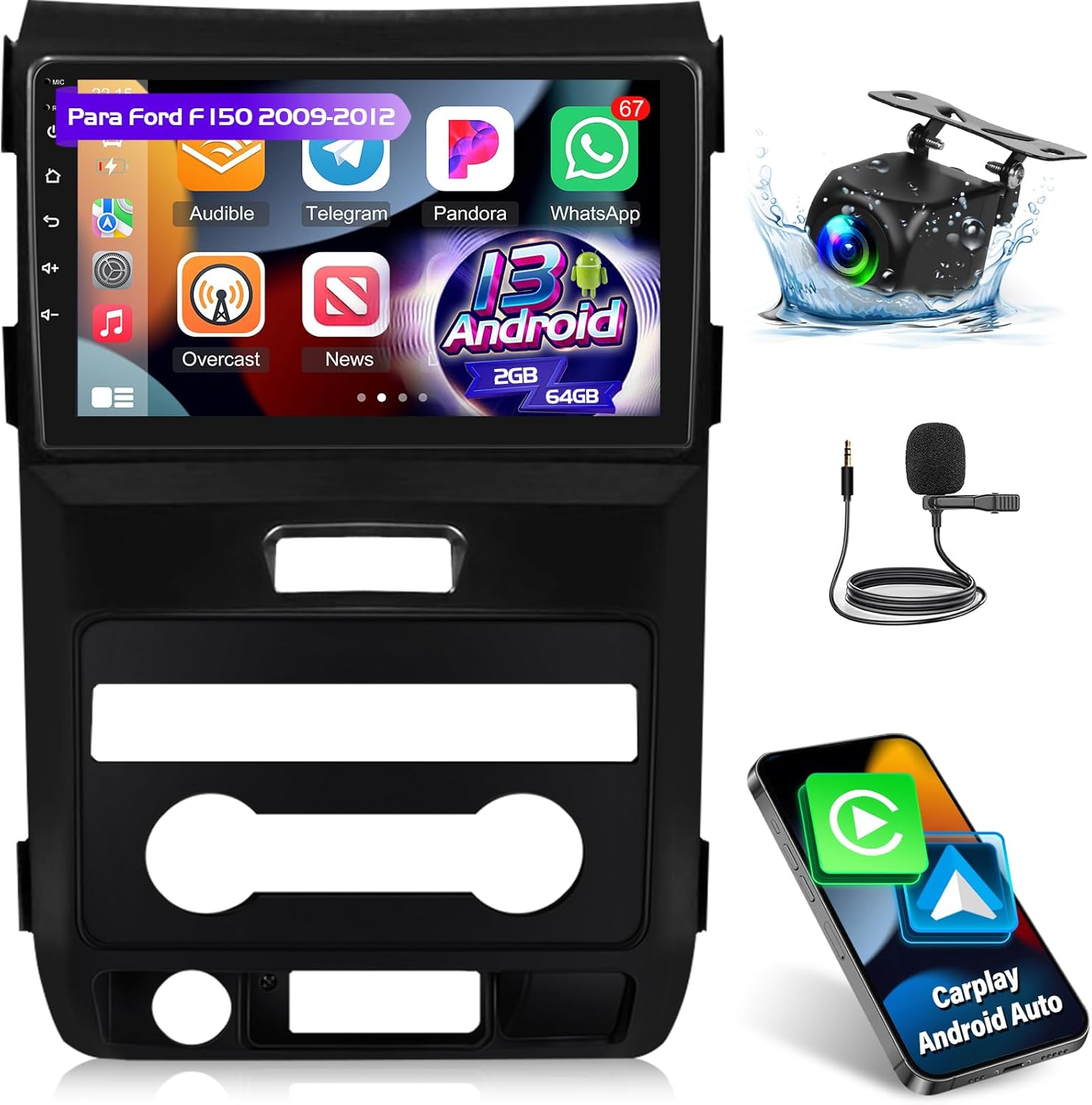 NHOPEEW Android Radio for Ford F150 2009-2012: [2+64G] 9 inch Touchscreen F 150 Car Stereo with Wireless Carplay and Android Auto, EQ, Mirror Link, WiFi, GPS, SWC + Canbus + Backup Camera