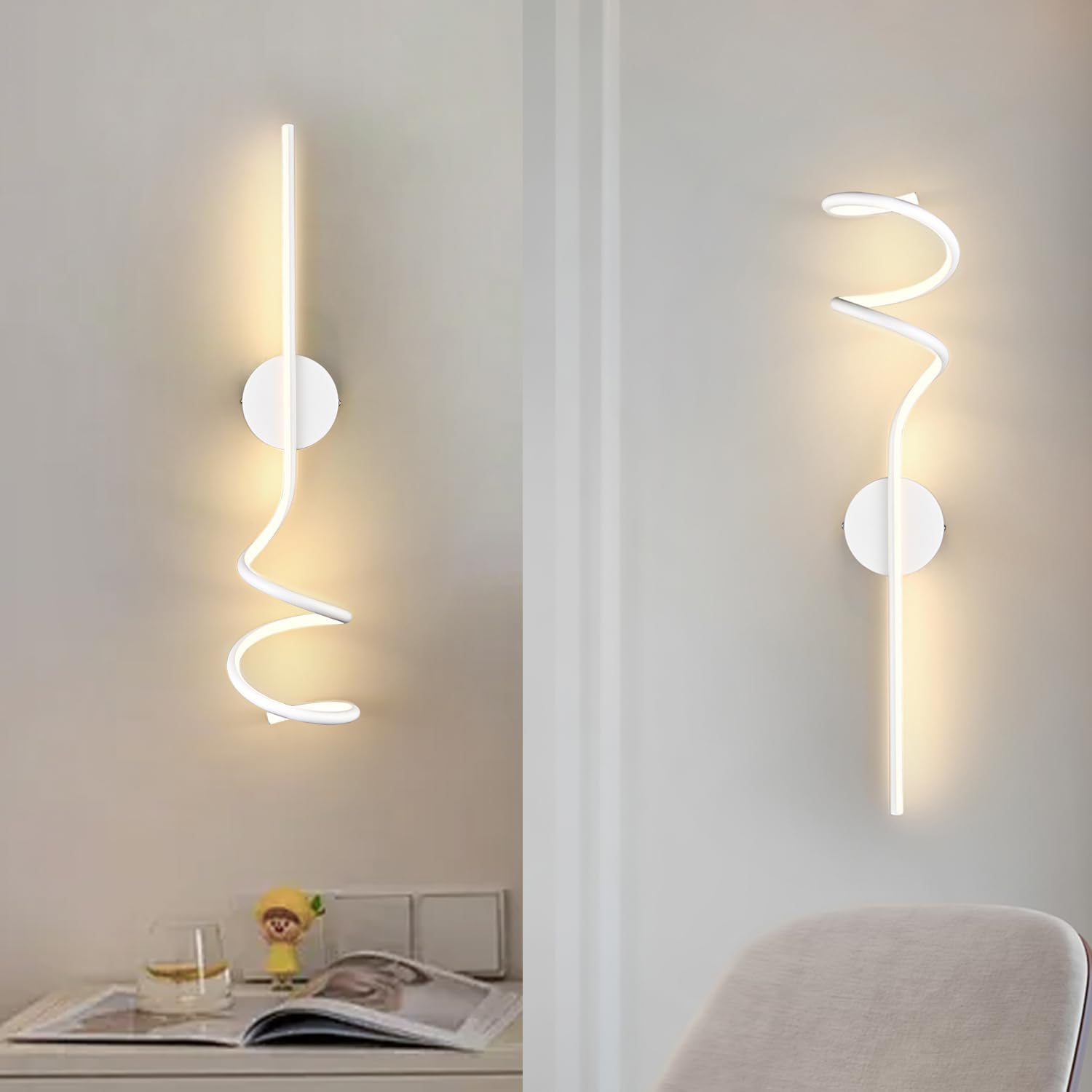 Wall Sconces Set of Two, White Modern Spiral LED Wall Light Fixtures, Hardwire Minimalist Indoor Wall Mount Lighting, Linear Sconces Wall Light Set of 2 for Living Room Bedroom Vanity Gallery Hallway