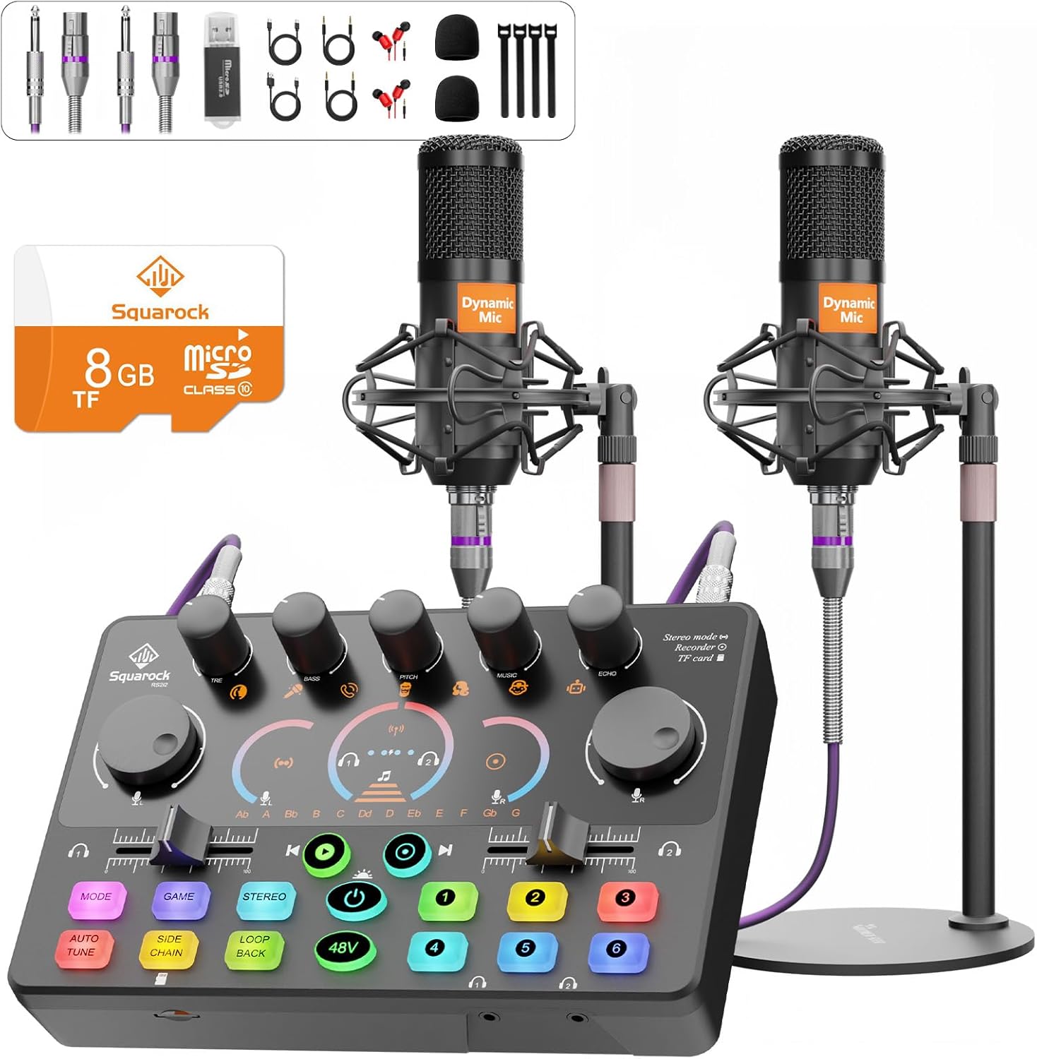 Podcast Equipment Bundle for 2, Audio Mixer with 8GB Memory Card and Dynamic Mics,RGB,Built-in Recorder, Customize Button, Stereo for Vocal Recording Podcasting,Streaming Camera, PC, Phone.(RS2i2)