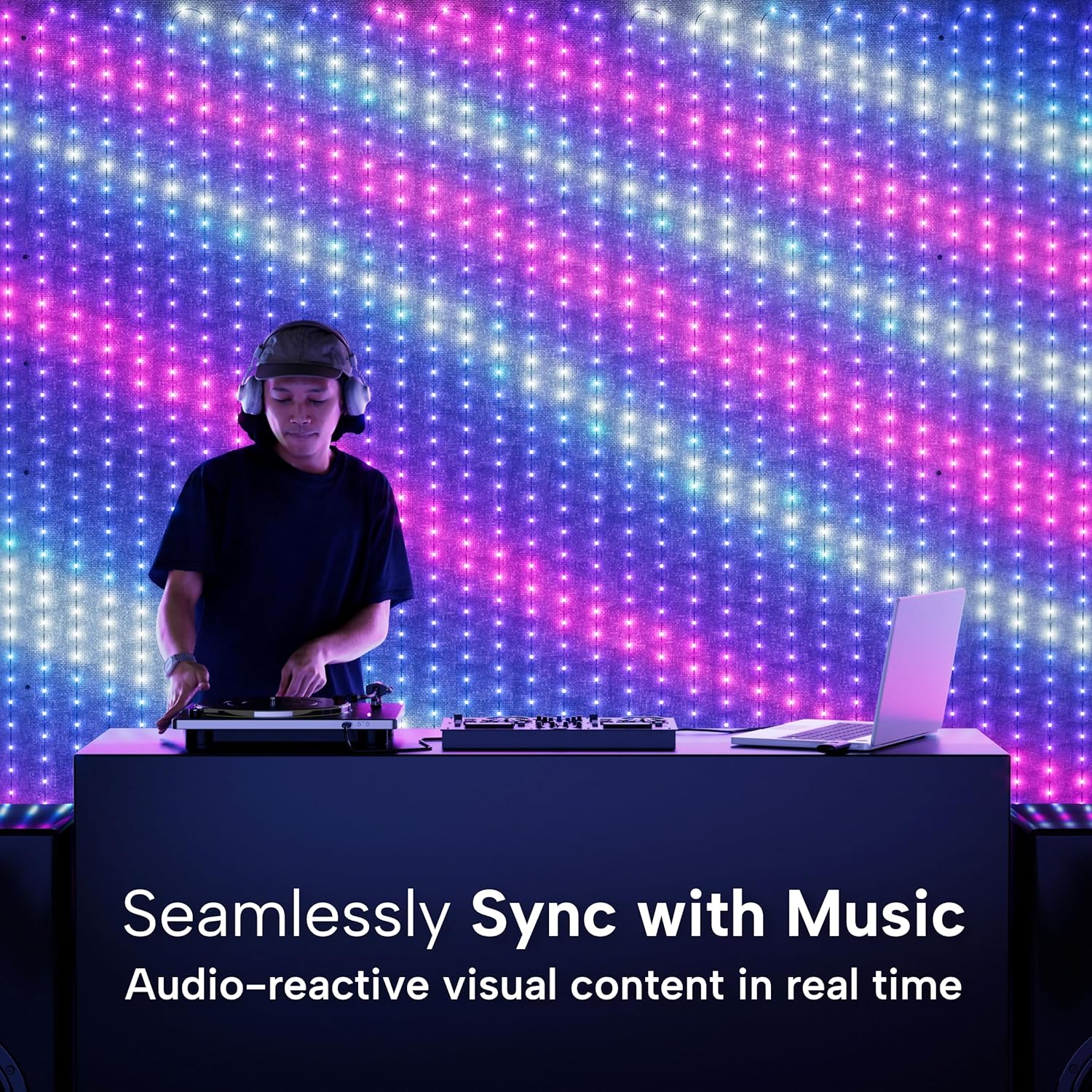 Twinkly Lightwall - 8.6 x 9 ft - Black Backdrop - with Stand and Music Dongle - Type A Plug