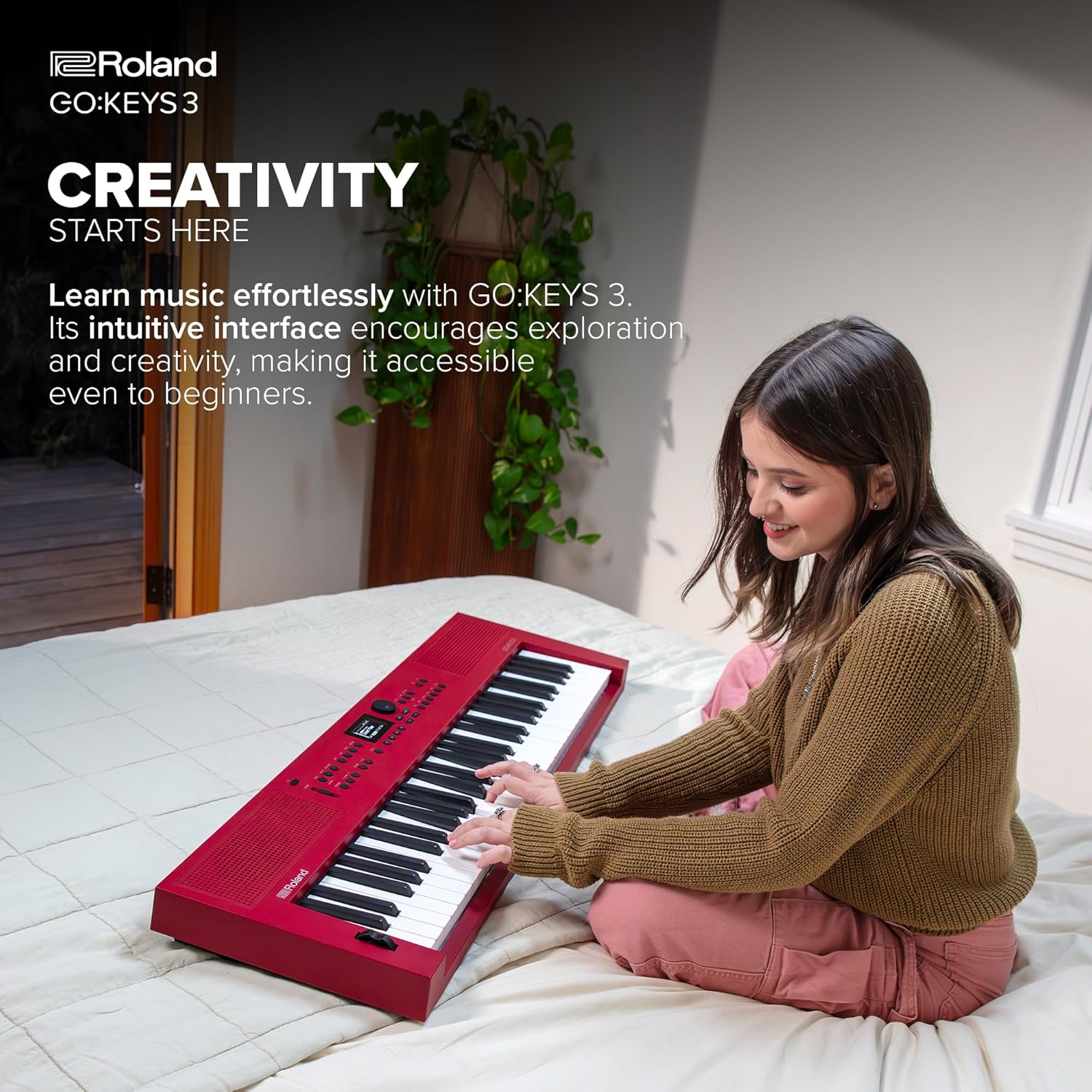 Roland GO:KEYS 3 Music Creation Keyboard | 61-Note Keyboard | Built-In Stereo Speakers | Bluetooth Audio/MIDI Support for Music Streaming - Dark Red