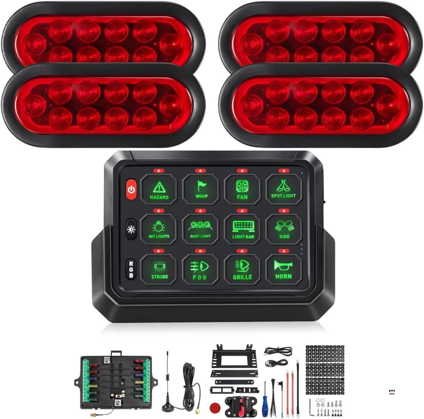Partsam RED Oval Tail Lights+Wireless RGB 12 Gang Switch Panel