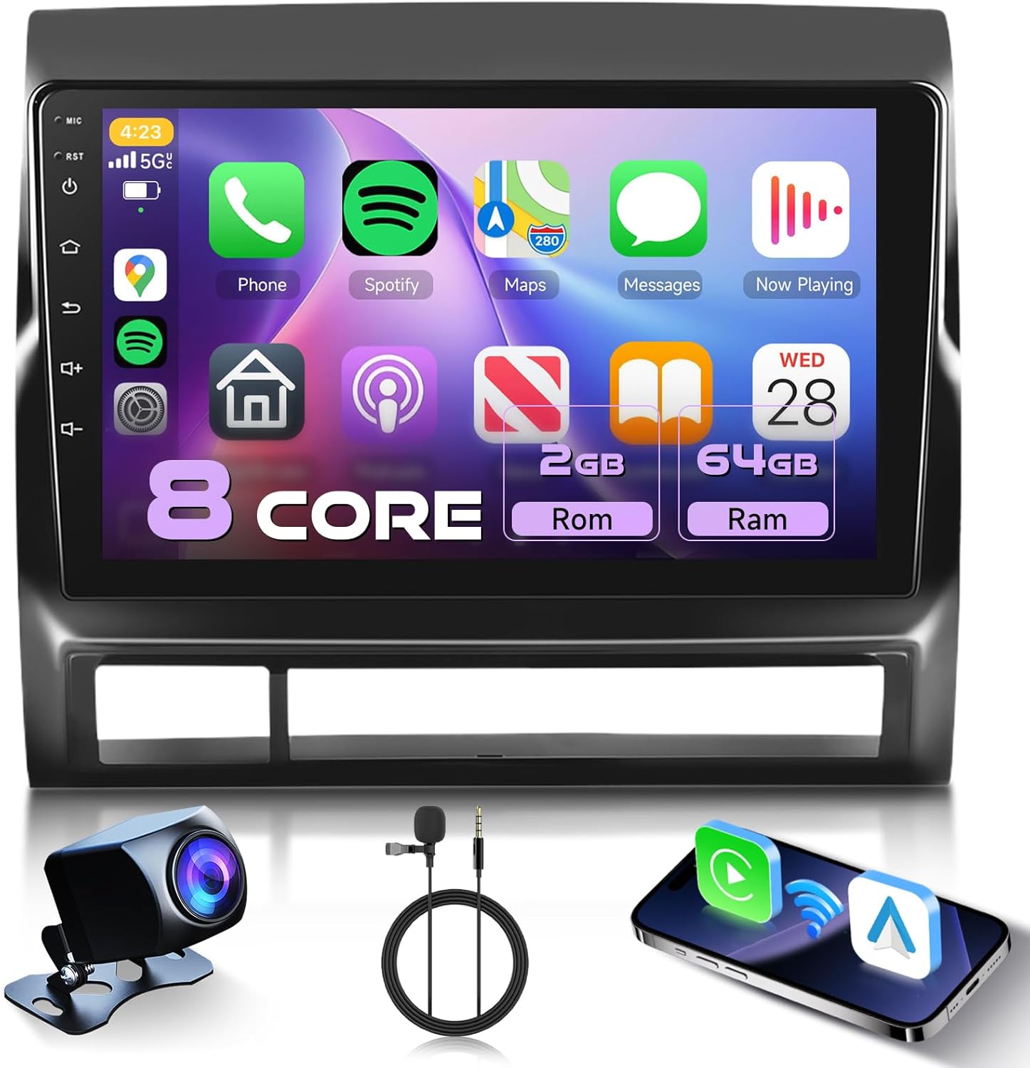 8 CORE 2G+64G Car Radio Stereo for Toyota Tacoma 2005-2013 with Wireless CarPlay/Android Auto,9 Inch 1280 * 720P IPS Touch Screen Android 13 GPS WiFi Bluetooth 32-Band DSP HD Backup Camera