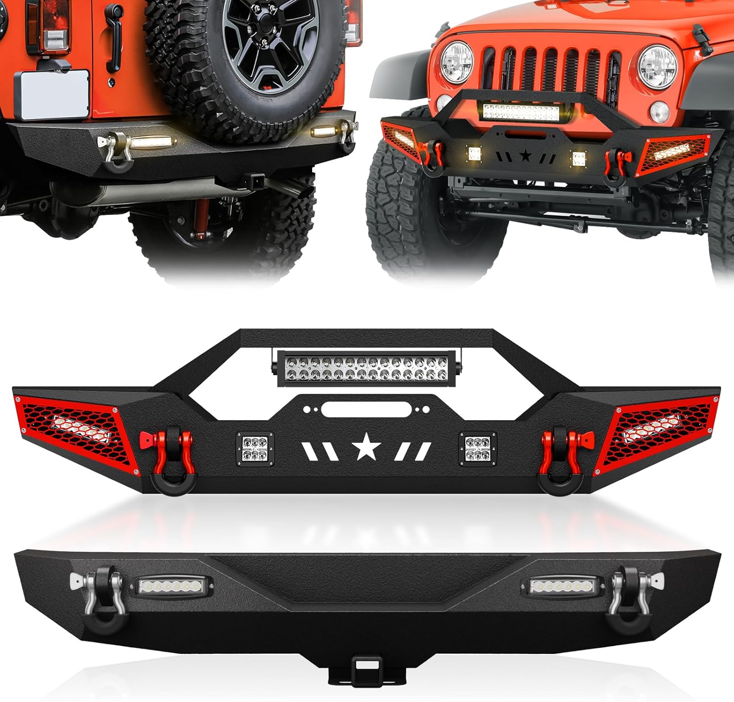 SUORTO Front and Rear Bumper Compatible with 2007-2018 Jeep Wrangler JK JKU Unlimited Rock Crawler Bumper w/Winch Plate, Paintable Armor, 2