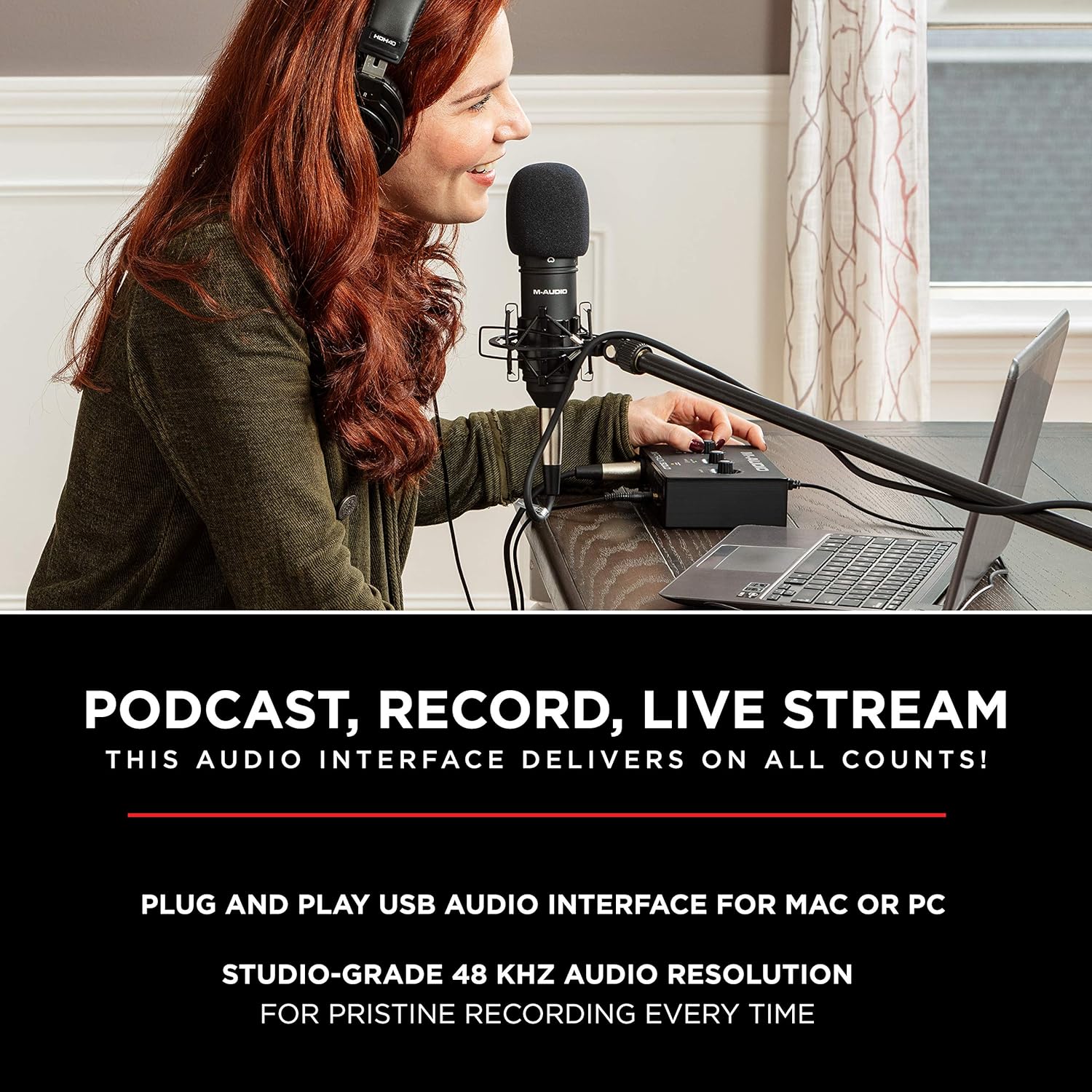 M-AUDIO BX4 Pair Studio Monitors Bundle with Single XLR Audio Interface and Headphones for Studio Recording, Music Production, Podcasting, Streaming