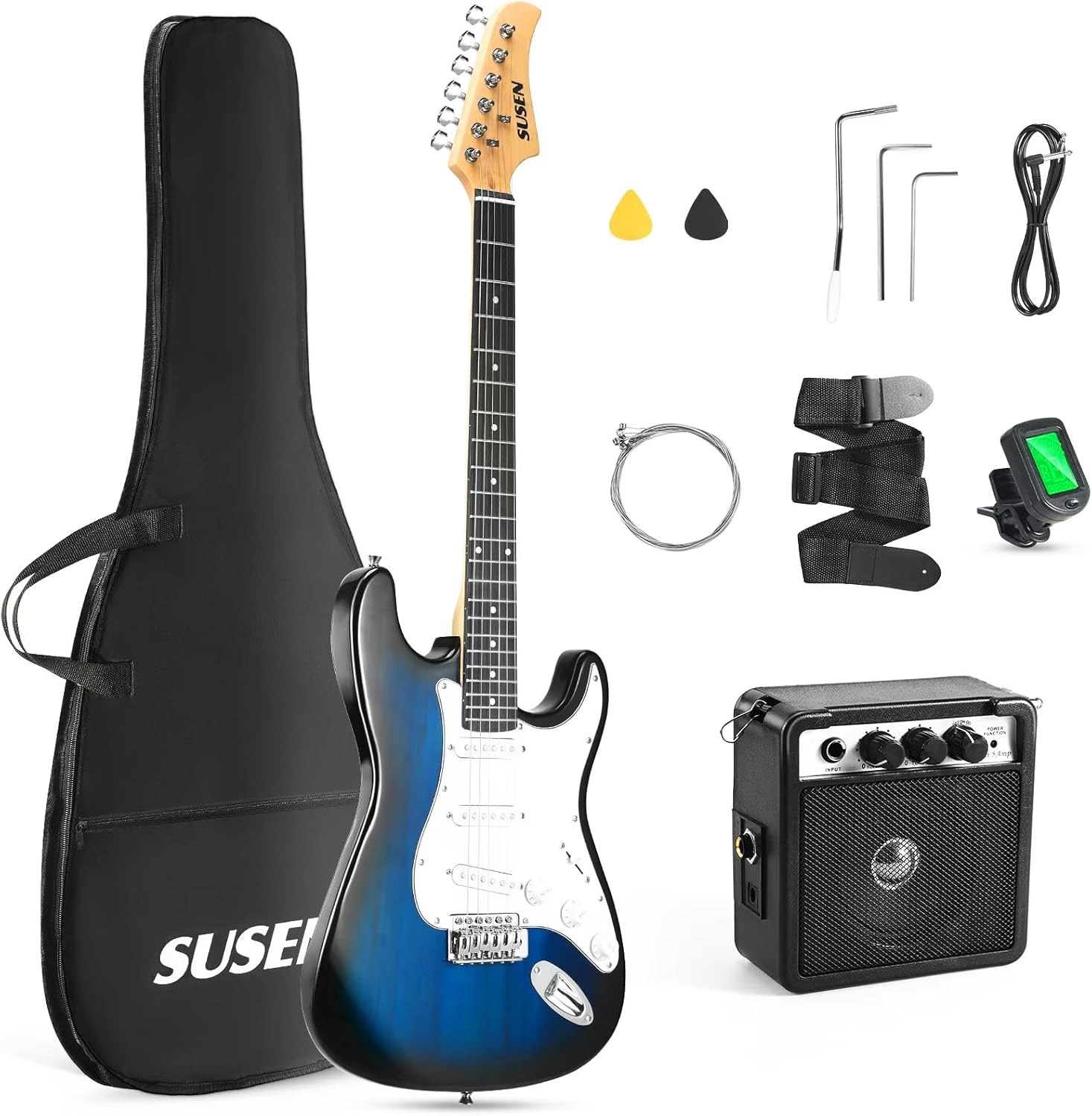 Susen 39”Inch Solid Full Size Electric Guitar Beginner Kit,Electric Guitar Starter Kit,S-S-S Pickups With 5W Amp,Strings, Pick,Tremolo Bar,Bag,Strip,Tuner.Cable,Blue