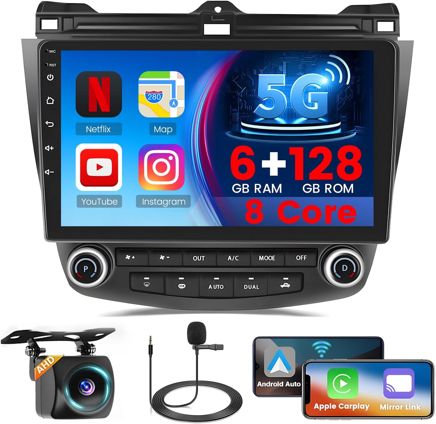 5G WiFi [8 Core 6+128GB] Hikity Android 15 Car Stereo for Honda Accord 2003-2007 Wireless Carplay Android Auto, 10‘’ Touchscreen Radio GPS Bluetooth Mirror Link FM/RDS/32EQ/DSP SWC Backup Cam 59UI
