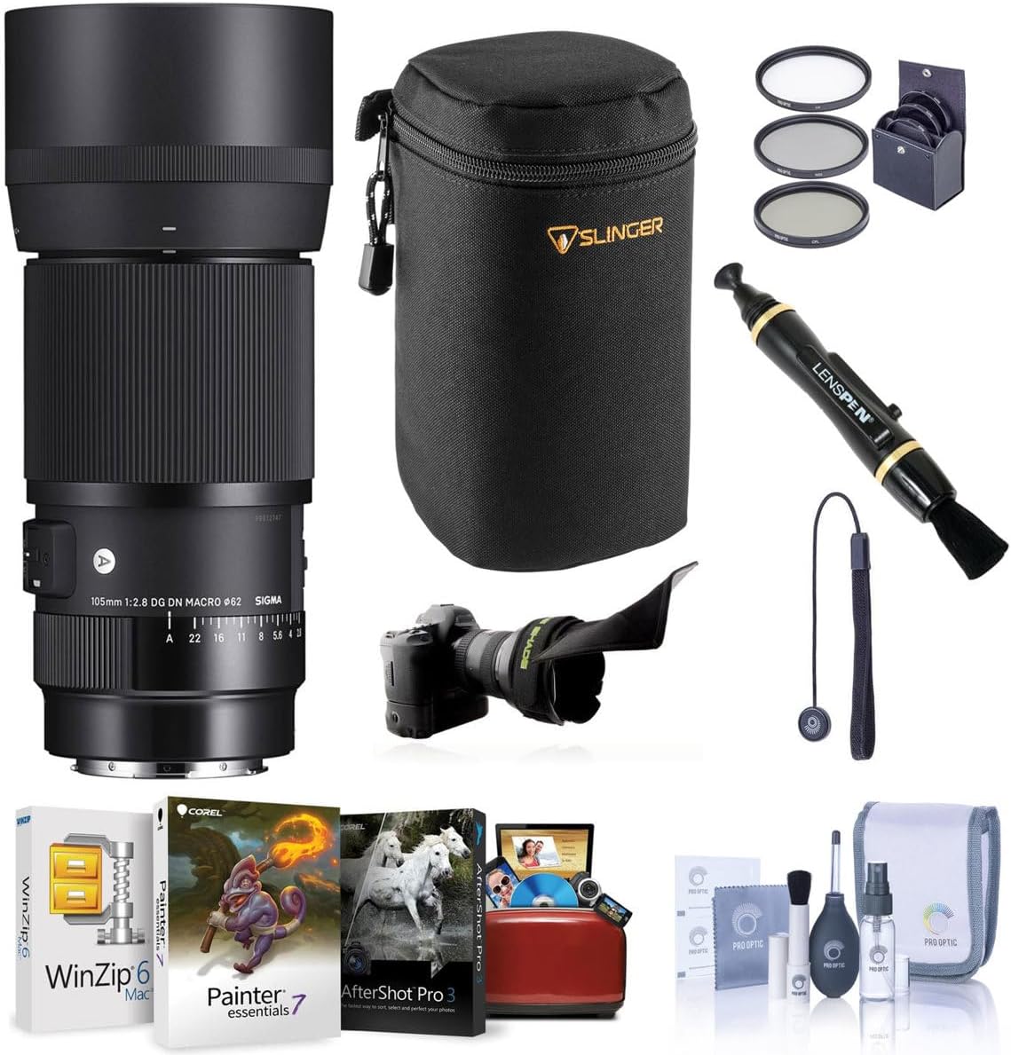 Sigma 105mm f/2.8 DG DN Art Macro Lens for L Mount, Bundle with ProOptic 62mm Filter Kit, Mac Software Suite, Flex Lens Shade, Pouch, Cleaning Kit, Lens Cap Tether, Lens Cleaner