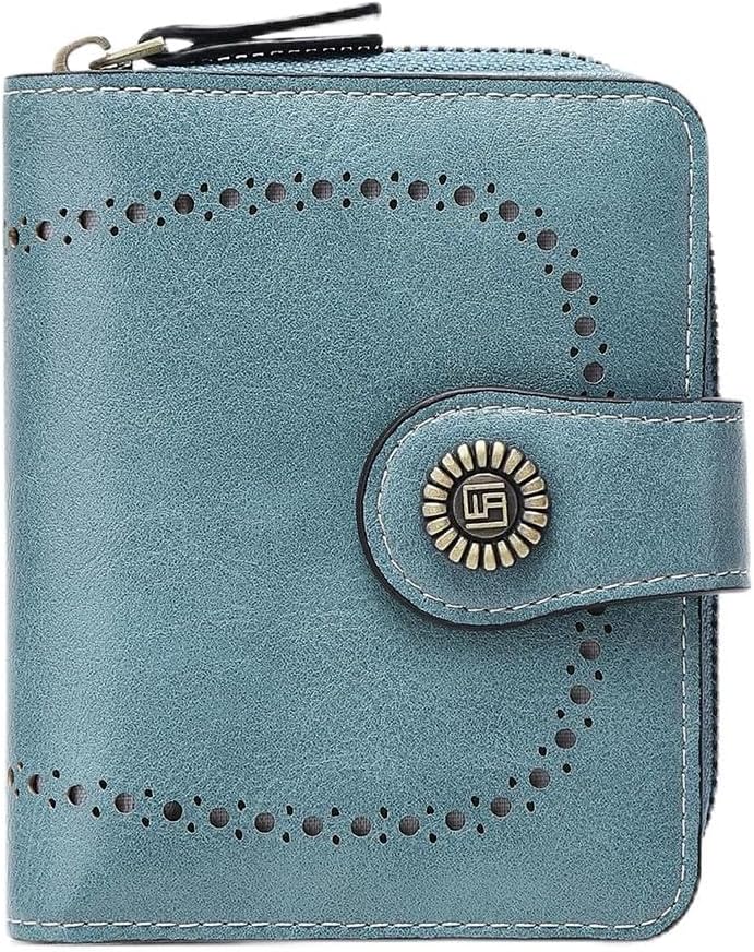Women's Small Genuine Leather Wallet Bifold Compact RFID Blocking with Zipper Coin Pocket (Light blue)
