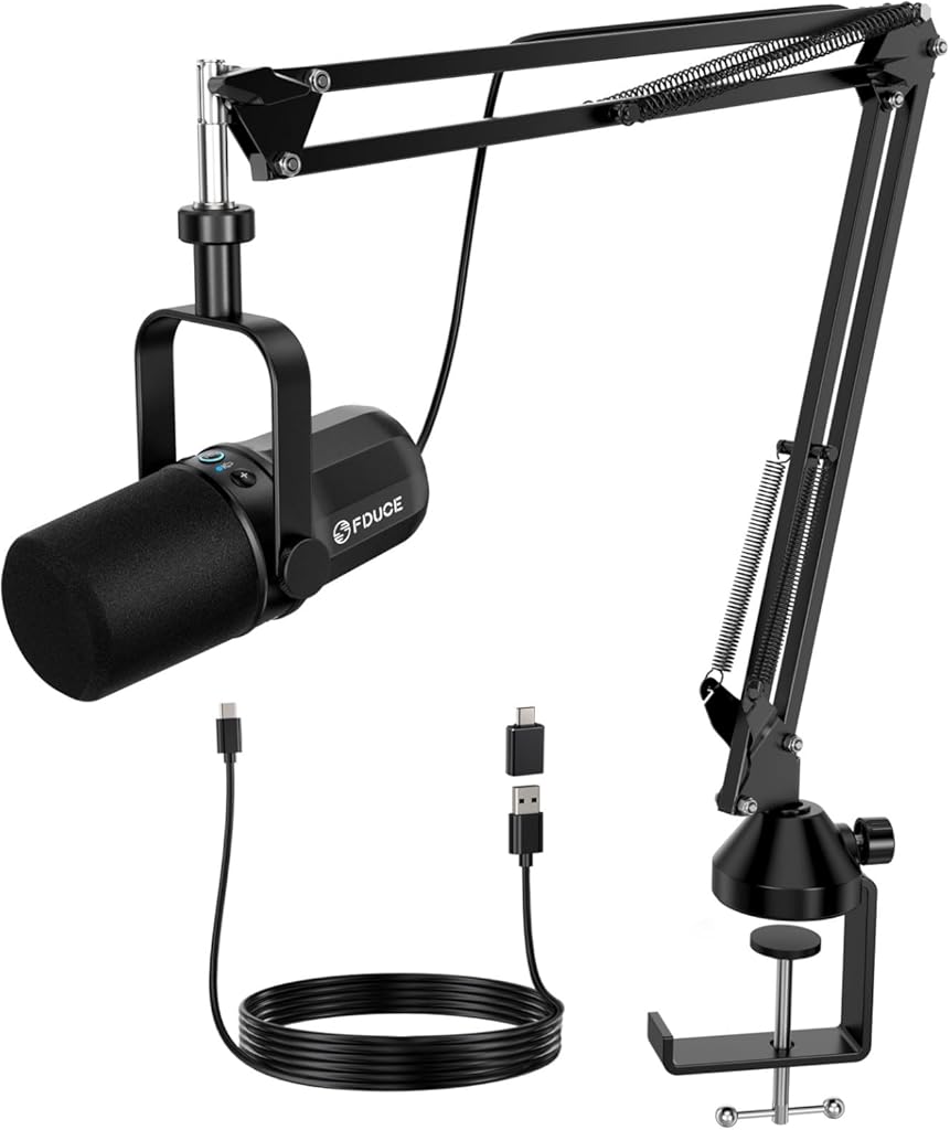 FDUCE Dynamic Microphone, XLR/USB Podcast Recording PC Microphone for Vocal Voice-Over Streaming, Studio Metal Mic with Mute, Headphone Jack, Monitoring Volume Control, with Boom Arm (SL40+)