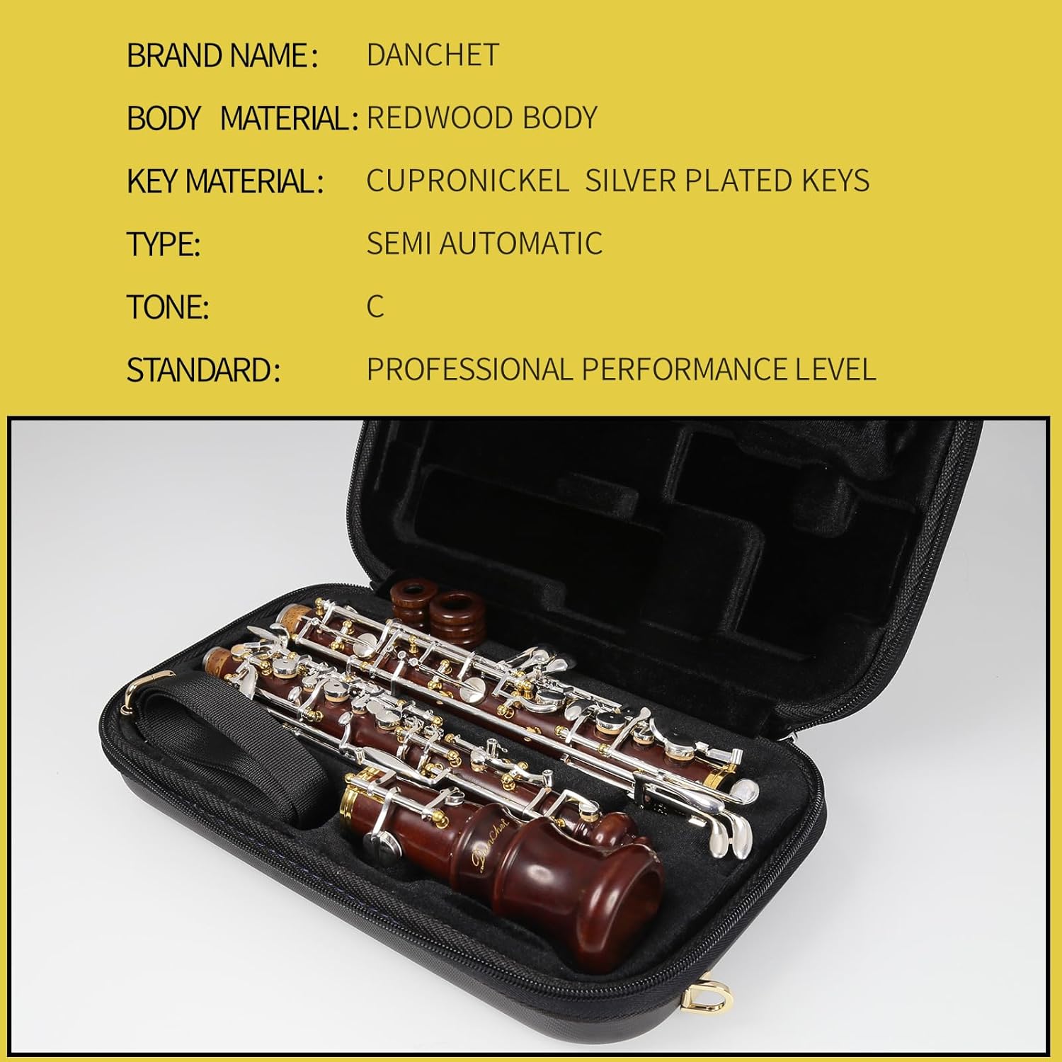 Oboe Professional Performance Level Redwood Body Silver Plated Semi Automatic C Tone with Reeds, Cleaning Cloth, Oboe Swab, Powder Paper, Absorbing Paper, Thumb Rest, Screwdriver, Gloves, Case
