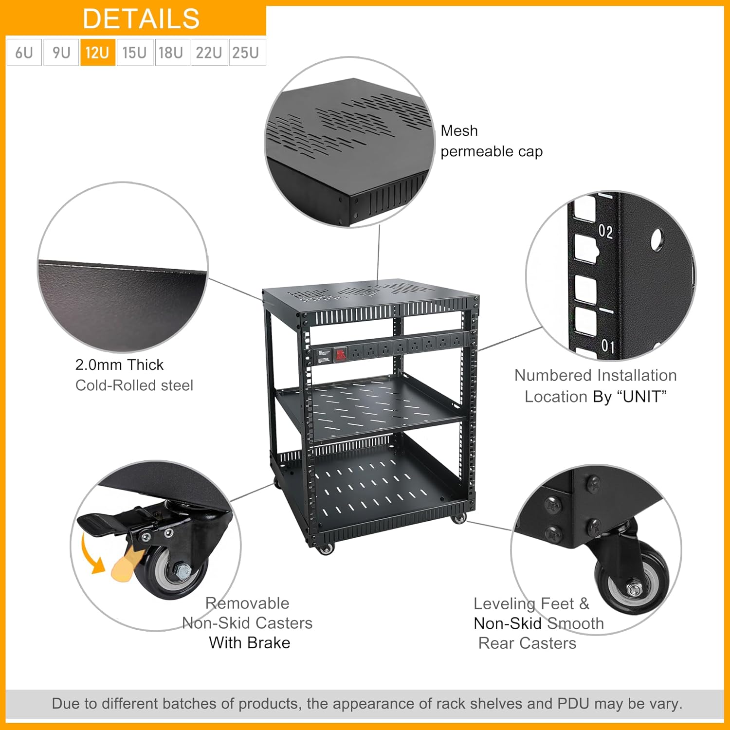 RIVECO 12U Network Rack with Reinforced Top Cover - 4 Post Floor Rack on Wheels for 19