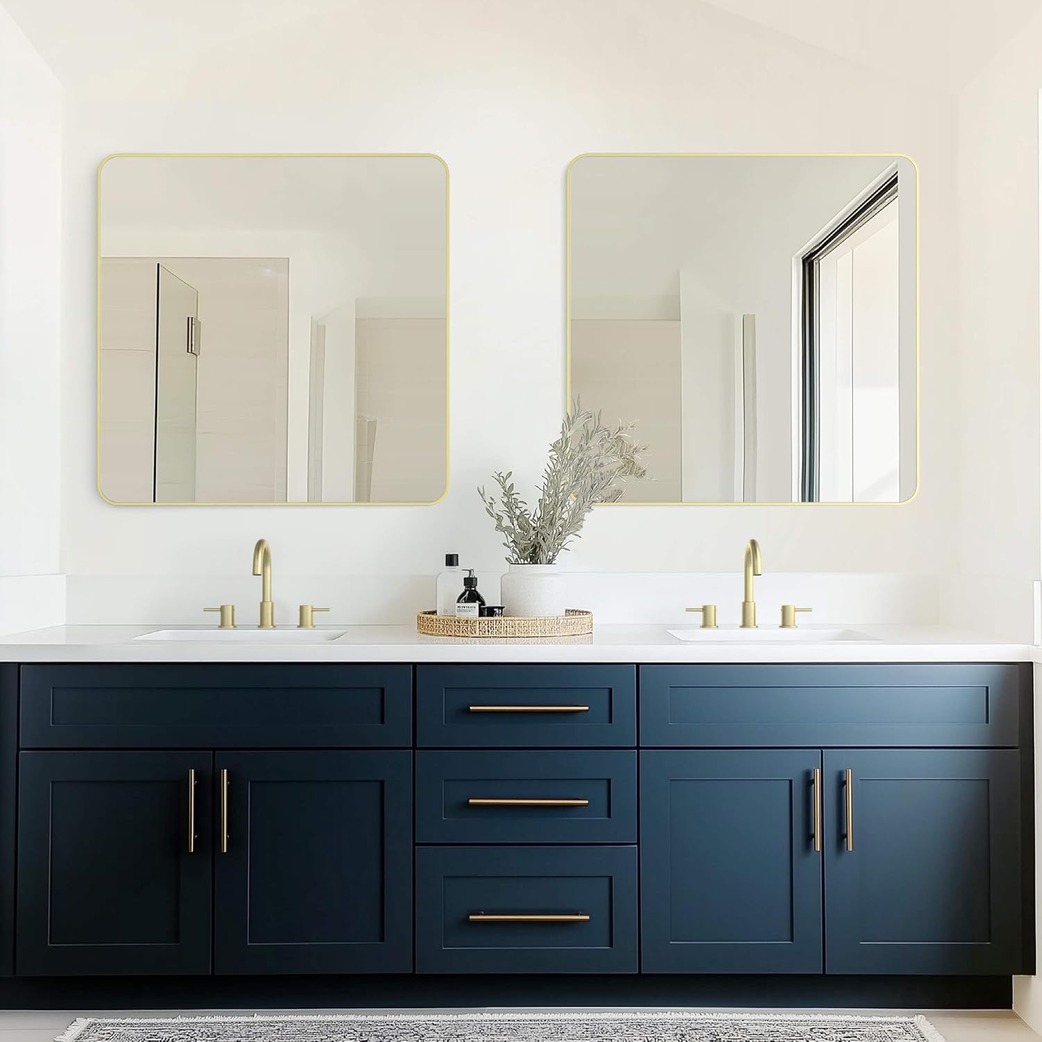 KIBI Shatteproof Wall-Mount Metal Frame Mirror | Horizontal/Vertical Mount | Wall Mirror for Bathrooms, Living Rooms, Hallways, Entryways, Offices | Rust Resistant (Brushed Gold, 36