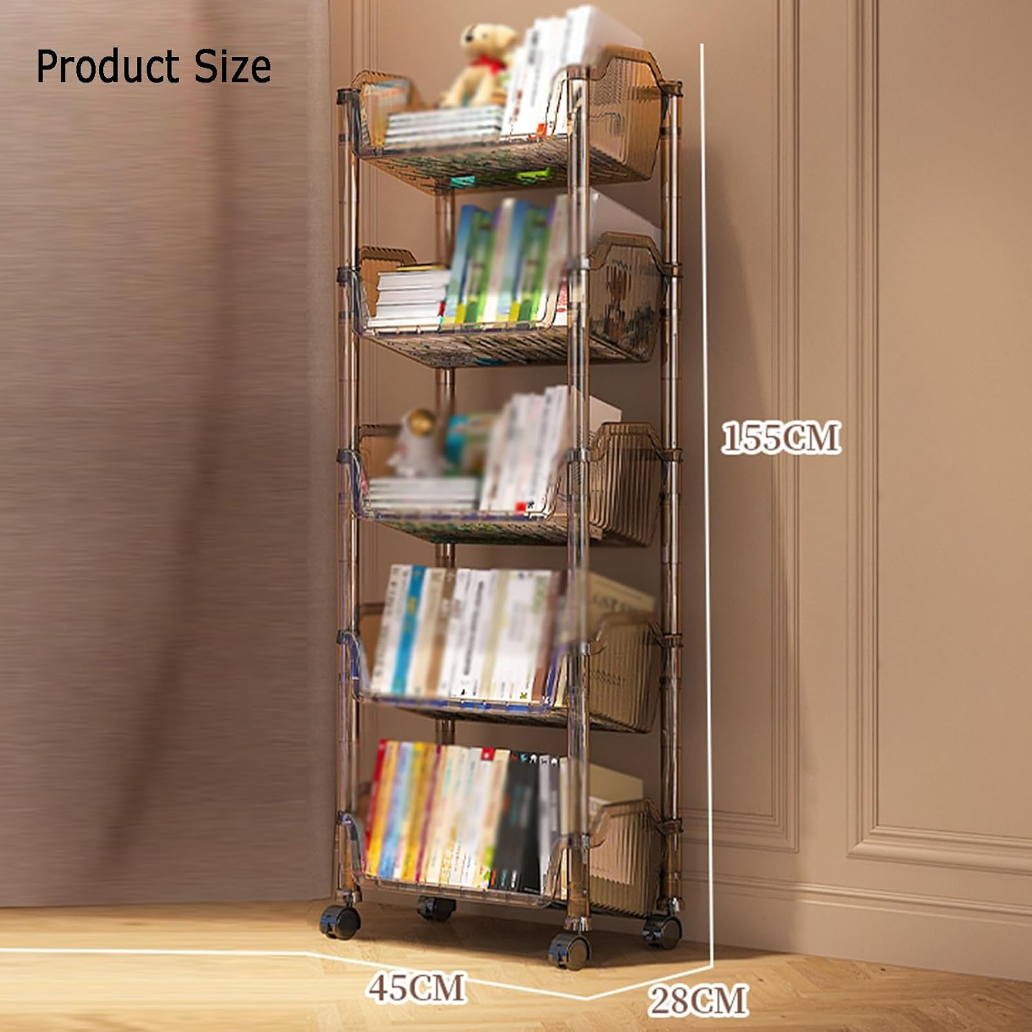 3/4/5 Cube Bookshelf, Multi-Layer Home Desk Side with Wheels, Suitable for Living Room, Study Room, Reading Corner (Transparent Gray)(5tier) ()