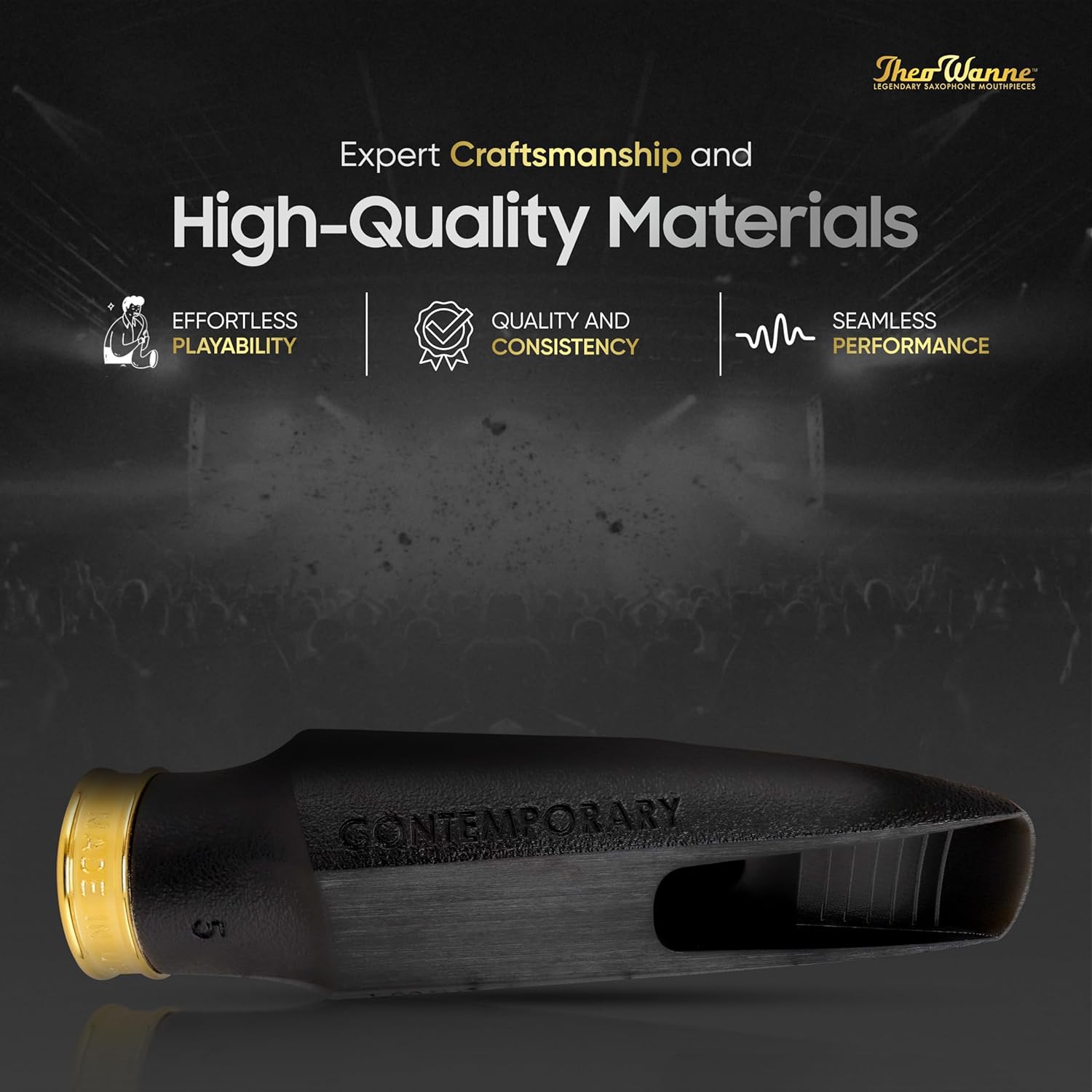 Theo Wanne Essentials Collection Concert Tenor Saxophone Mouthpiece with Medium Chamber, Concave S Baffle & Standard Hard Rubber Ligature for Classical & Wind Ensemble Playing - Size 5 (.080