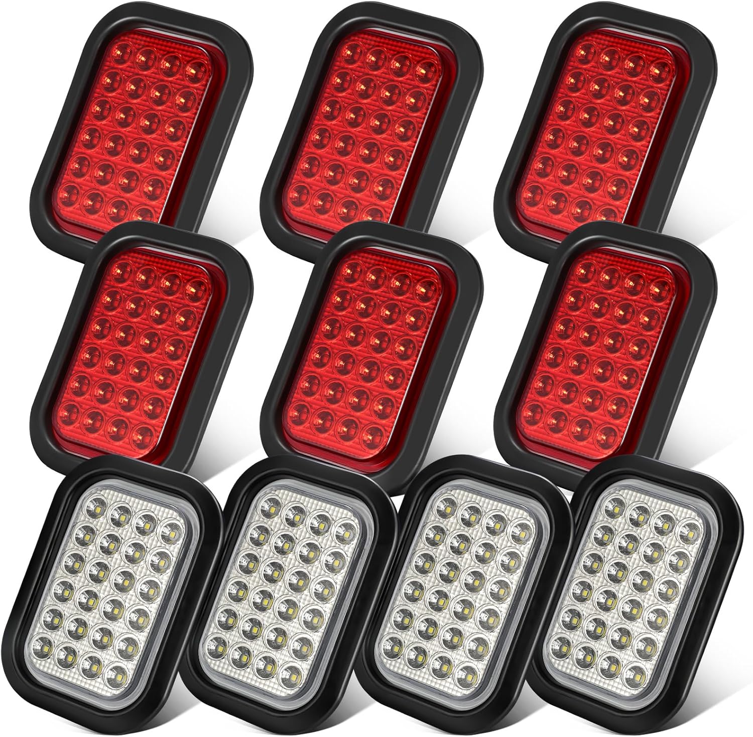 Partsam 10x 5x3 Inch 24LEDs Rectangle Stop Turn Tail Running Reverse Backup Lights Truck Trailer Tail Lights Flush Mount 3 Prong Plug Rubber Grommet 12V IP67 Waterproof