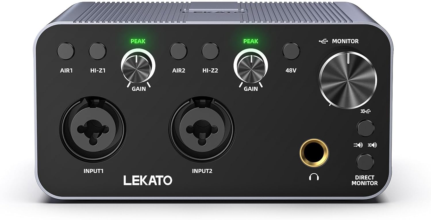 LEKATO USB Audio Interface, 24-bit/192kHz Audio Interface with XLR, 48V Phantom Power for Smartphone Computer Recording, Streaming, Guitar, Music Production, Podcast