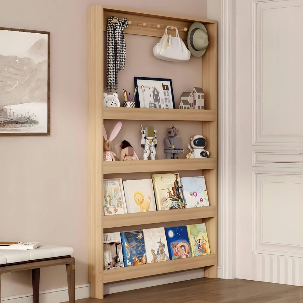 5-Tier Wall-Mounted Bookshelf for Behind-The-Door Storage – Wooden Narrow Bookcase with Open Shelves, Space-Saving Organizer for Books, Toys, and Decor(Brown,Large(39.4in))