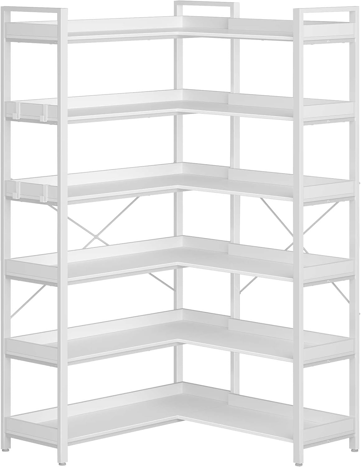 Rolanstar Bookshelf 6 Tier with 4 Hooks, Reversible Corner Bookshelf, 69