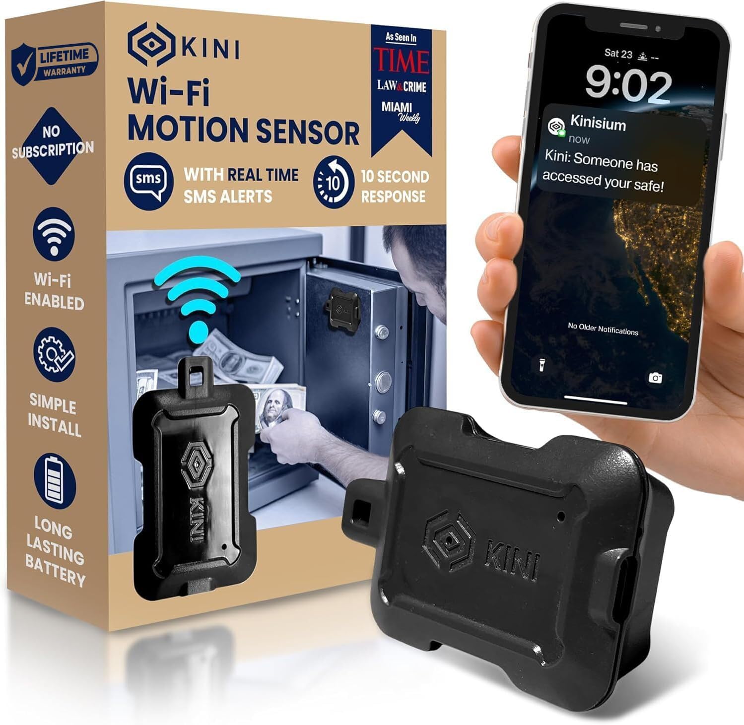 Instant Kini Safe Alert Wi-Fi Motion Sensor Alarm - Real-time SMS, Email, IFTTT - Great for Gun Safes, Cabinets, Home, Office - Easy Install, No Subscription, Long Lasting Rechargeable Battery